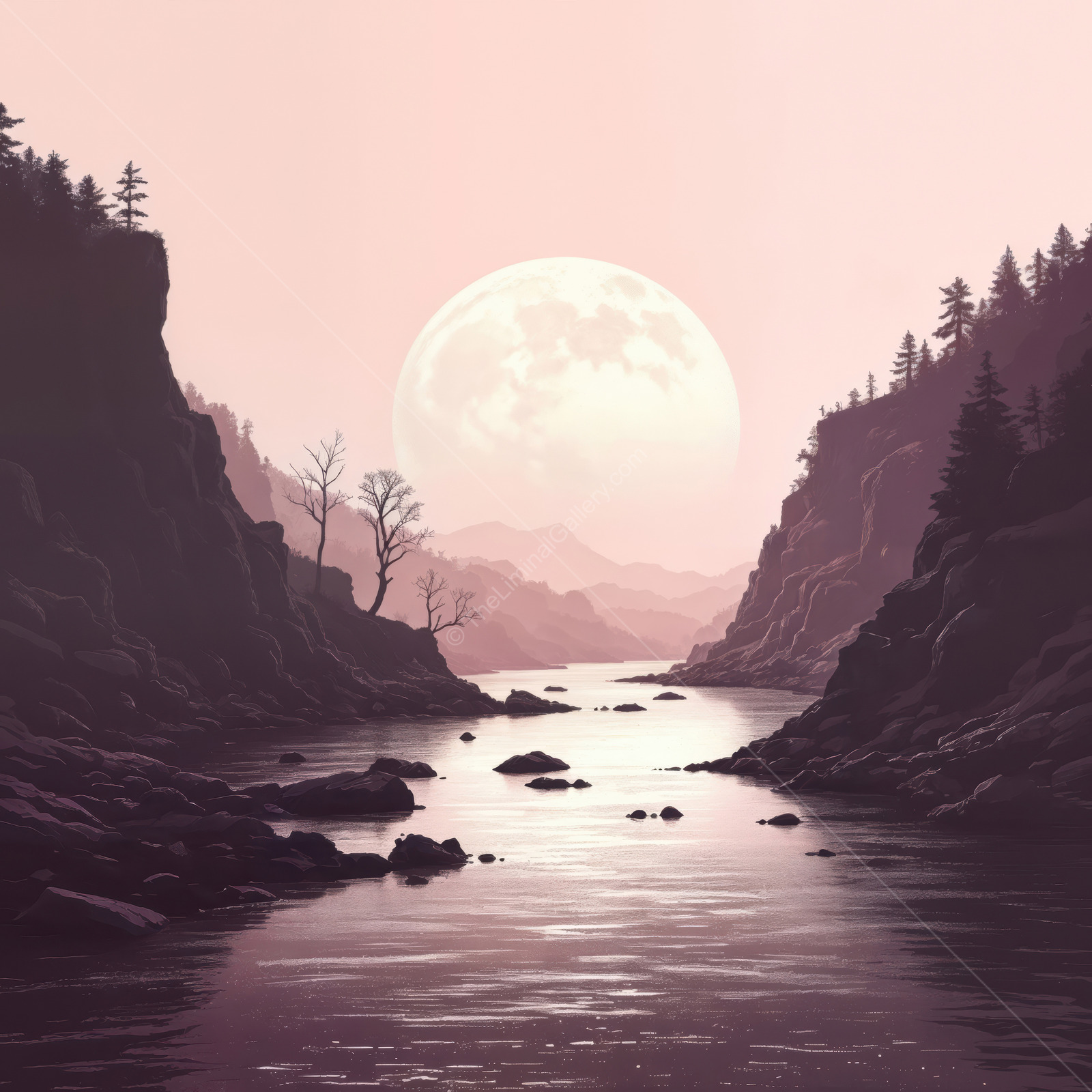 Ethereal twilight embrace over a tranquil river valley illuminated by a full moon