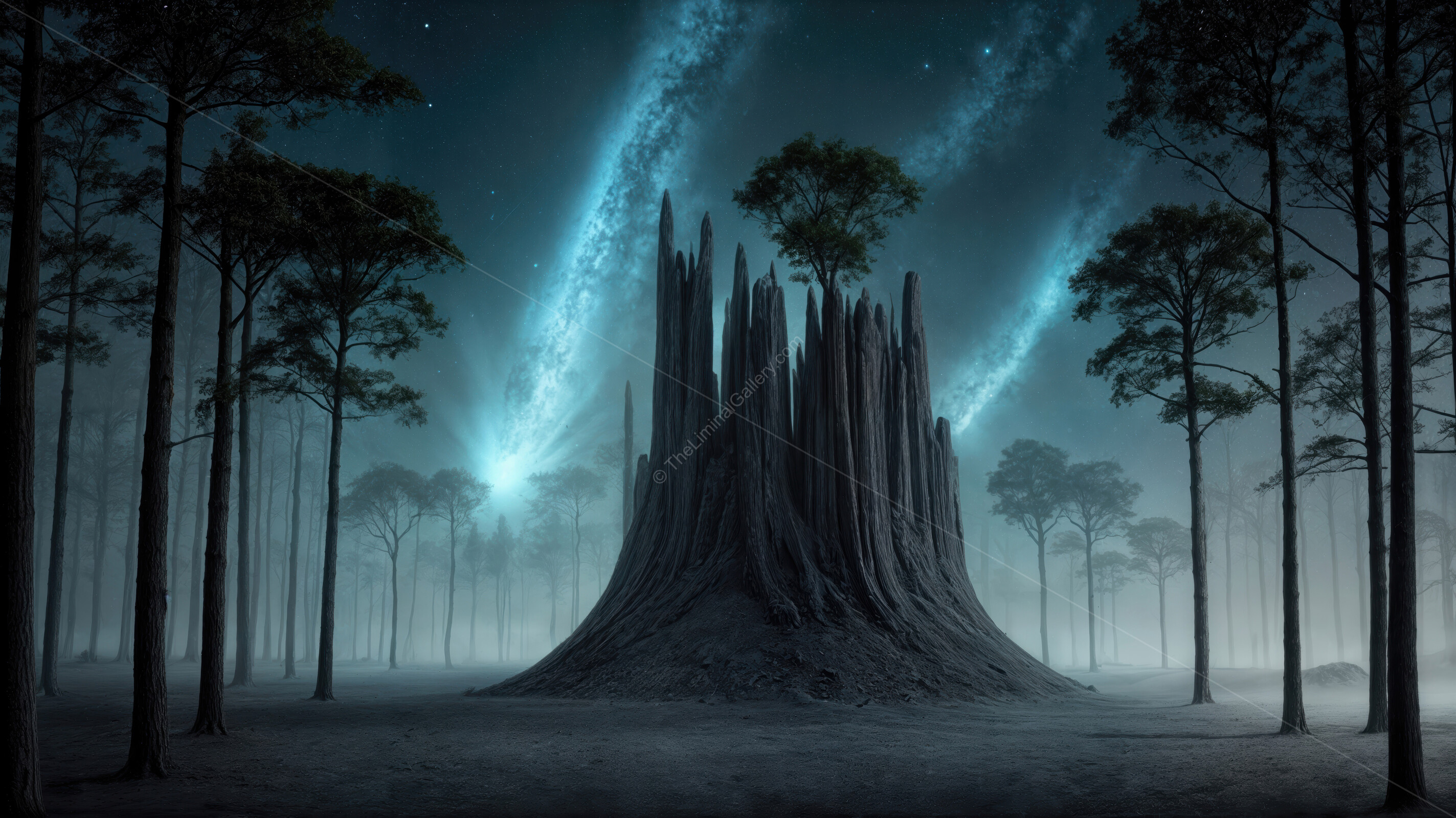 Majestic rock formation under a starry night sky illuminates a surreal landscape with trees