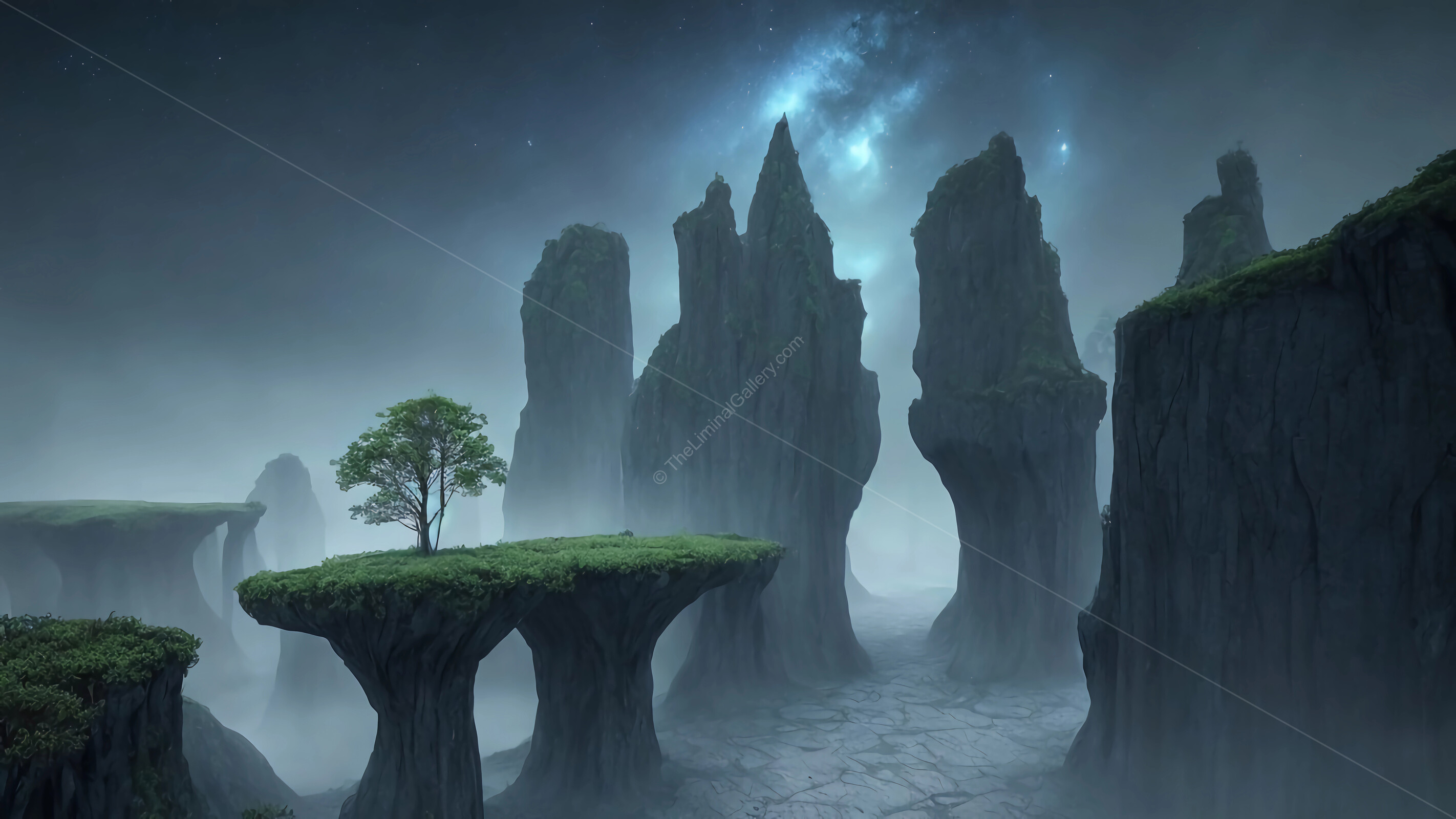 Majestic rock formations cradle a solitary tree under a starlit sky in a mystical landscape
