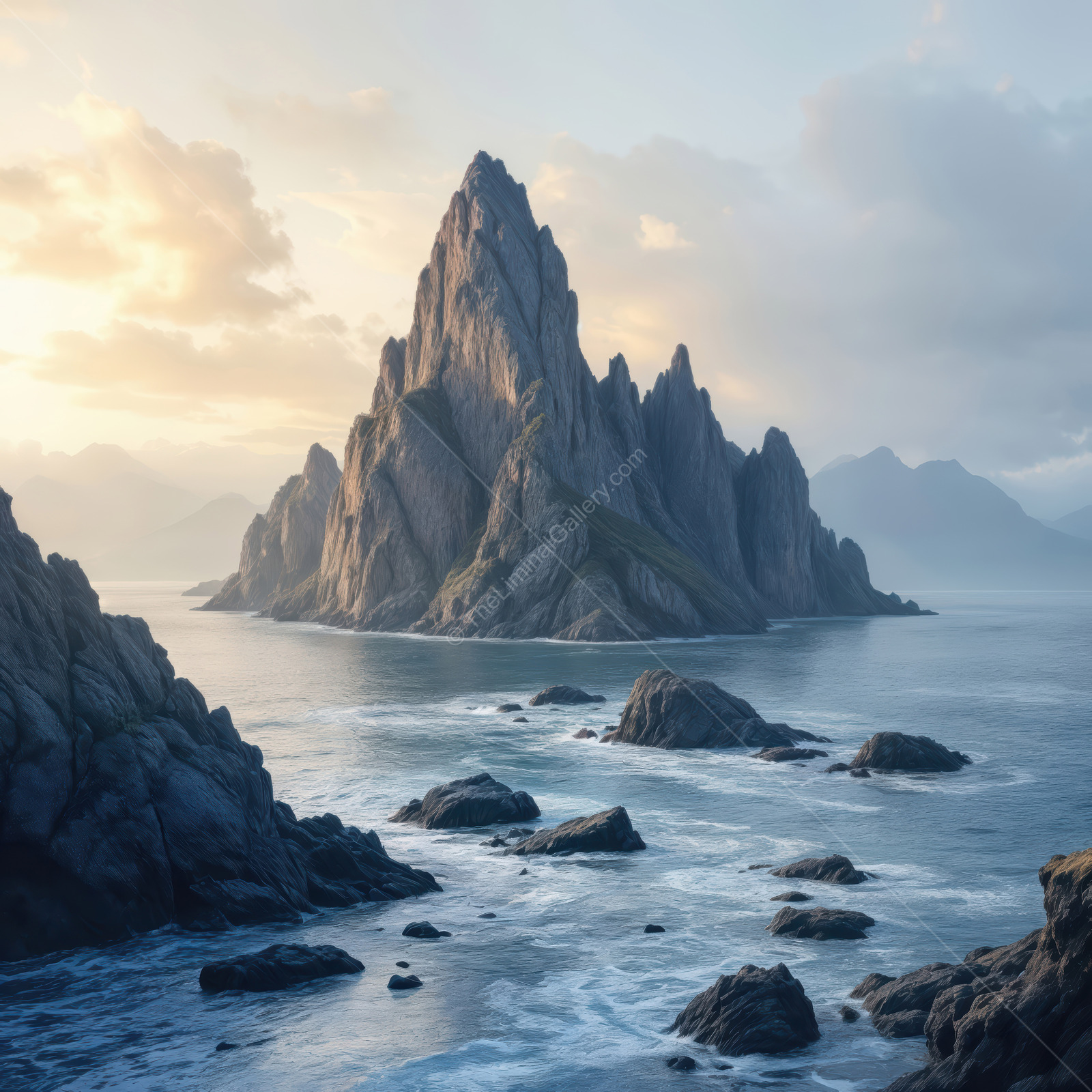 Majestic rock formations rise from tranquil waters during a hazy sunset near a mystical shoreline