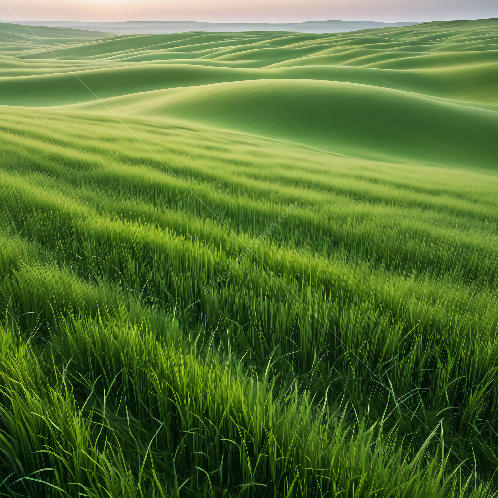 Rolling liminal green hills dance under the golden glow of the morning sun