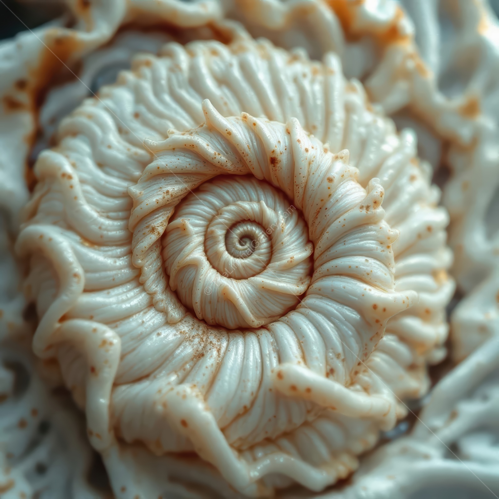 Swirling beauty of a seashell captured in soft light reveals patterns of nature's design in an enchanting moment by the shore