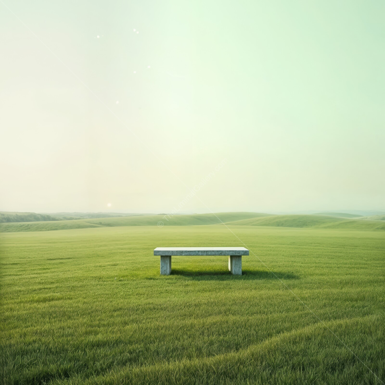 Serene bench surrounded by endless liminal green fields under a calm sky at midday