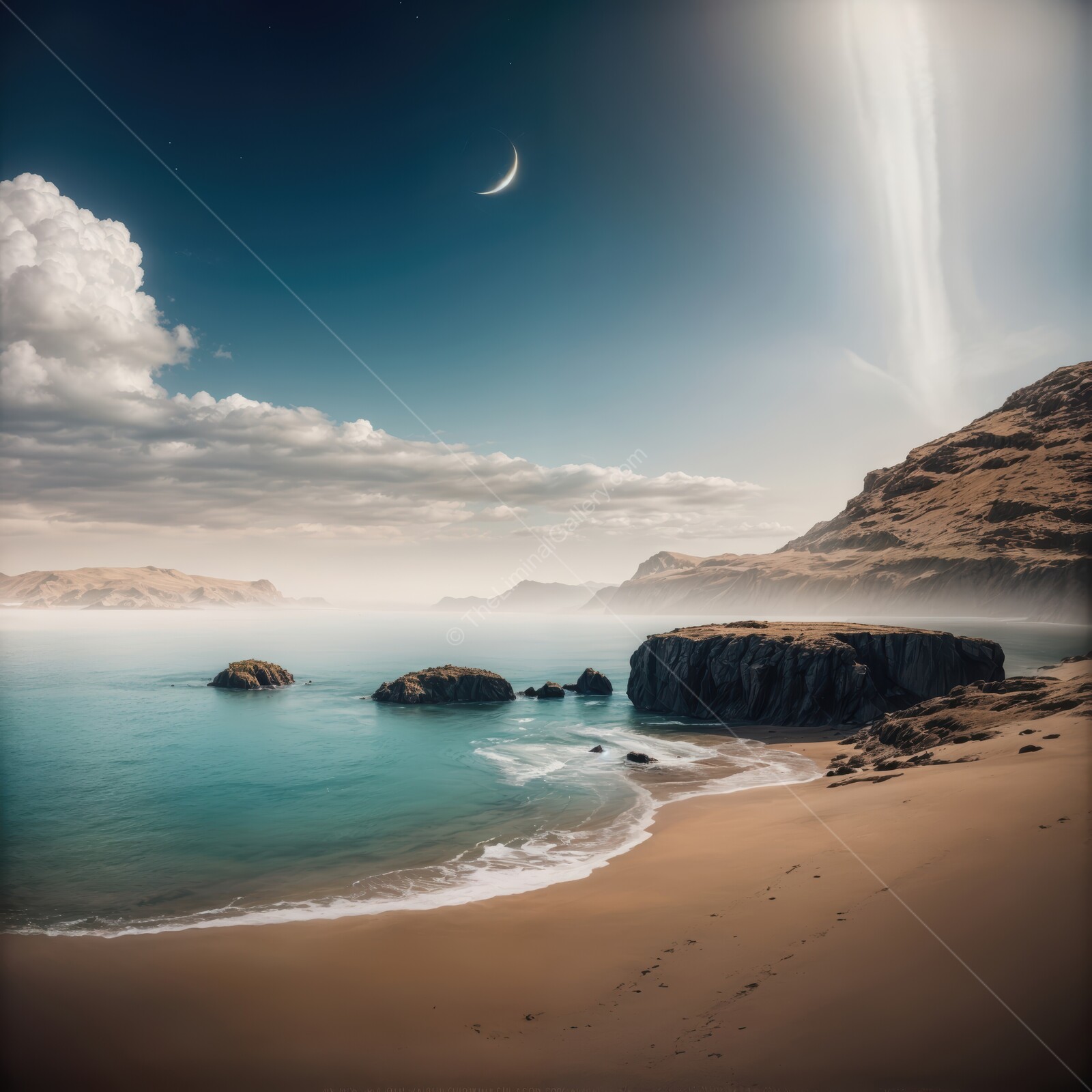 Serene liminal coastal landscape at twilight with crescent moon illuminating tranquil waters