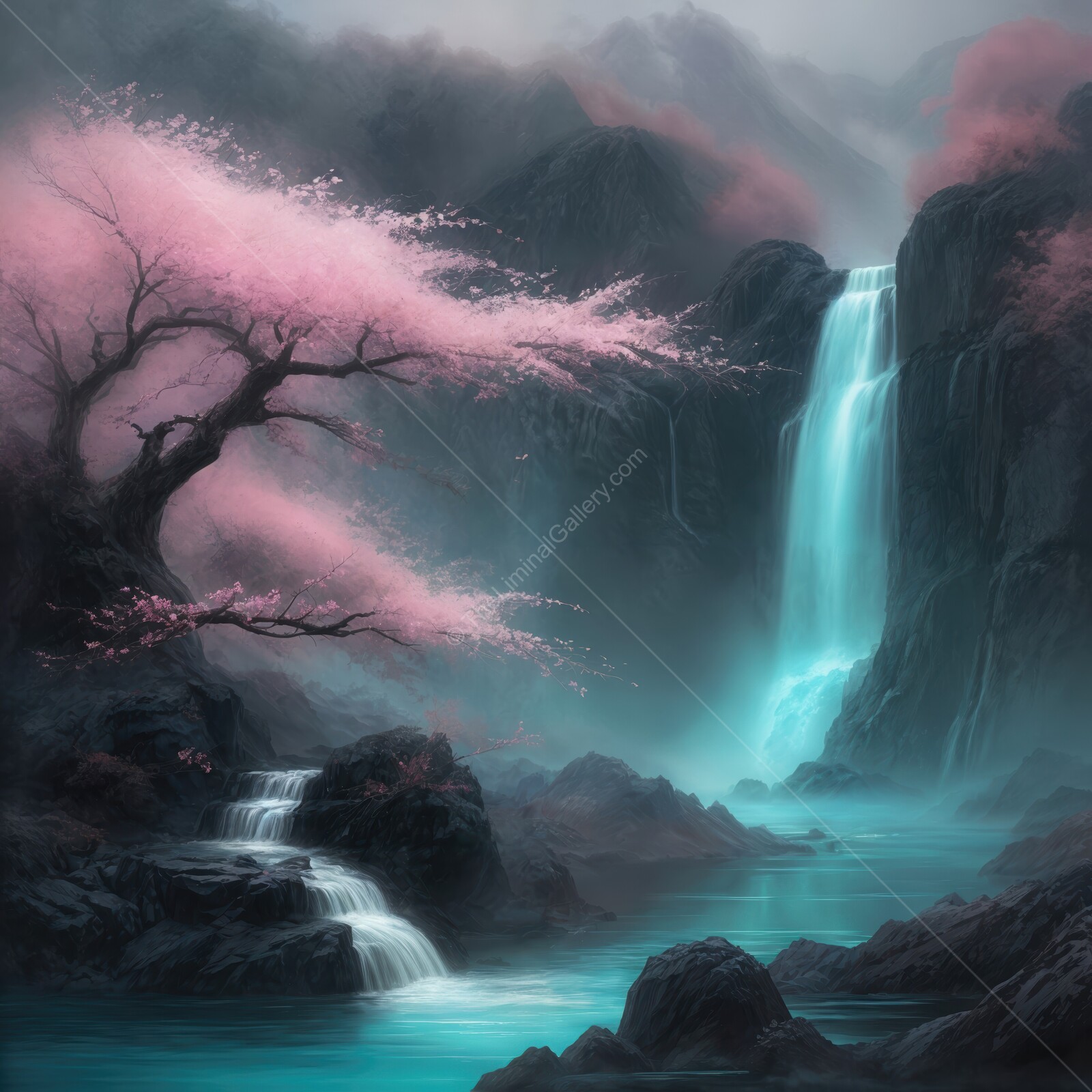 Serene liminal waterfall cascading amid cherry blossoms and misty mountains at dawn