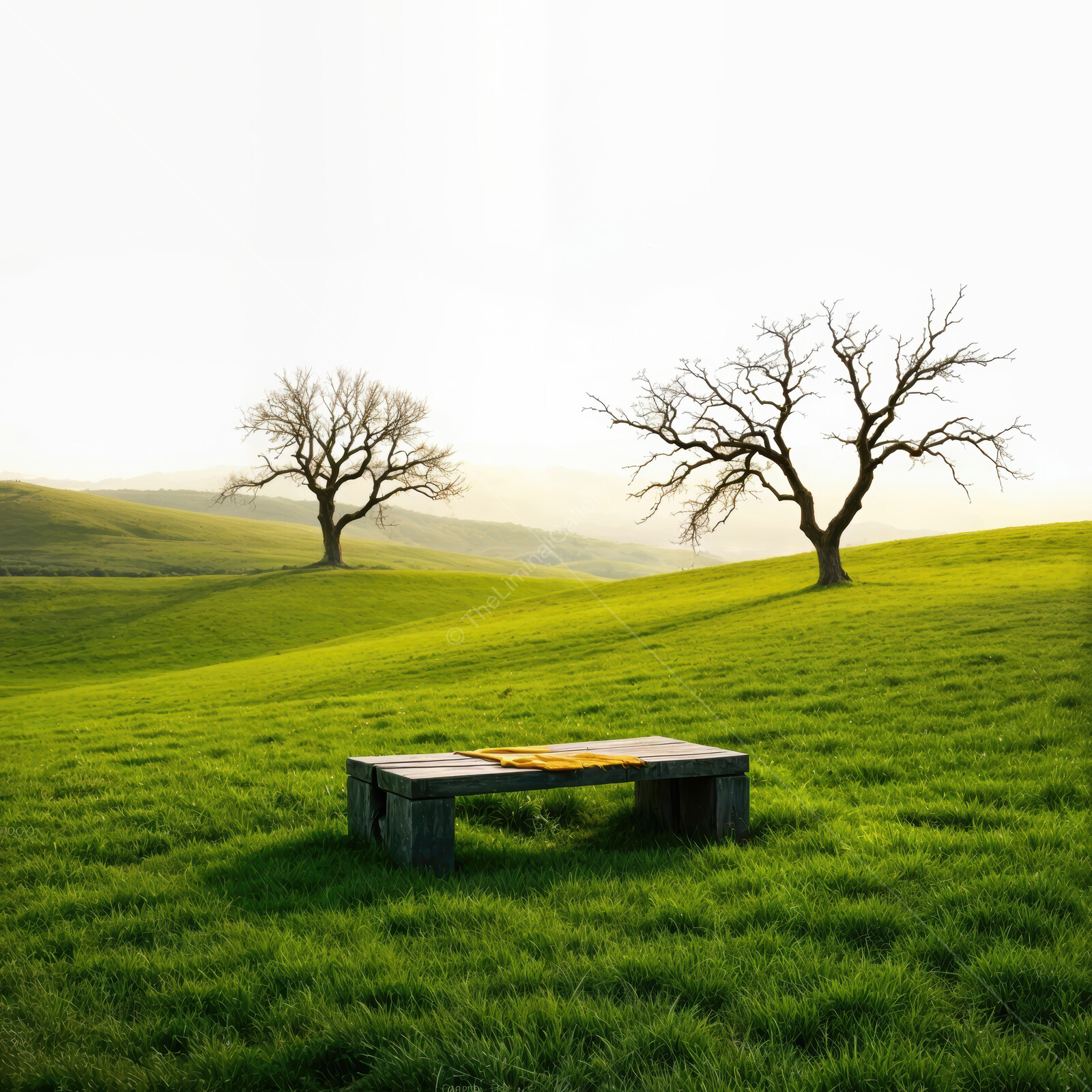 Serenity in liminal nature unfolds by a solitary bench under gentle sunlight at dusk