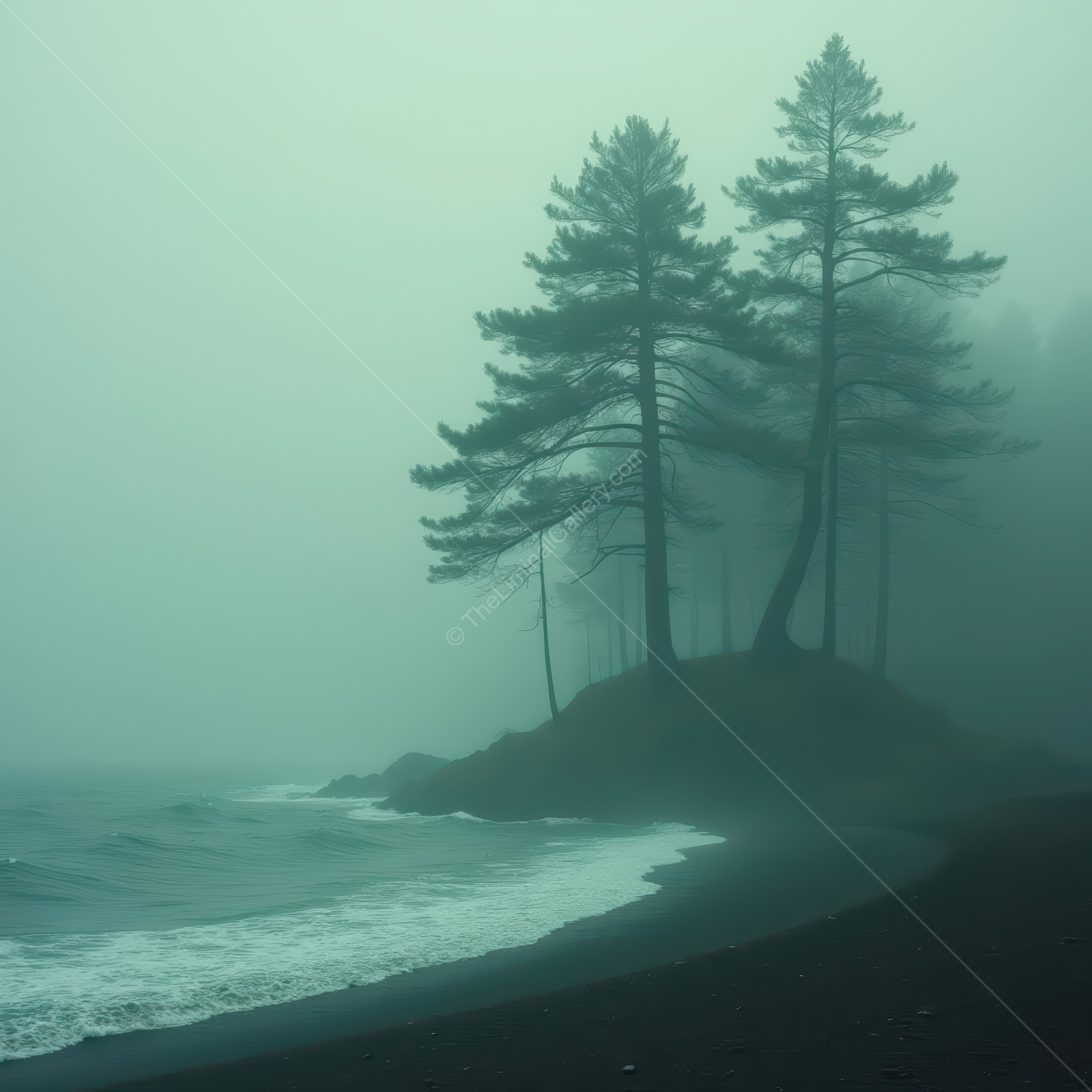 Ethereal shoreline shrouded in mist with silhouette of trees at twilight enhancing liminal atmosphere