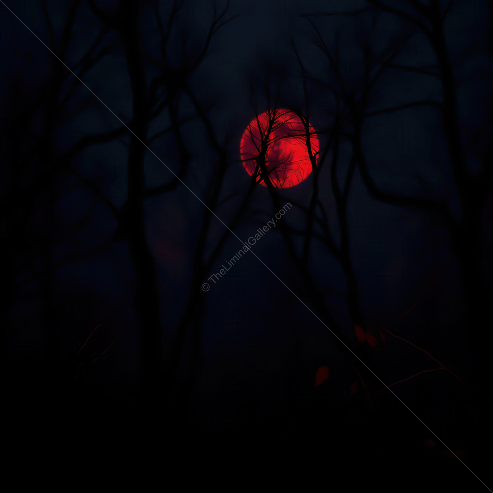 Silhouettes of bare trees framing a vivid crimson moonlight on a cold winter night