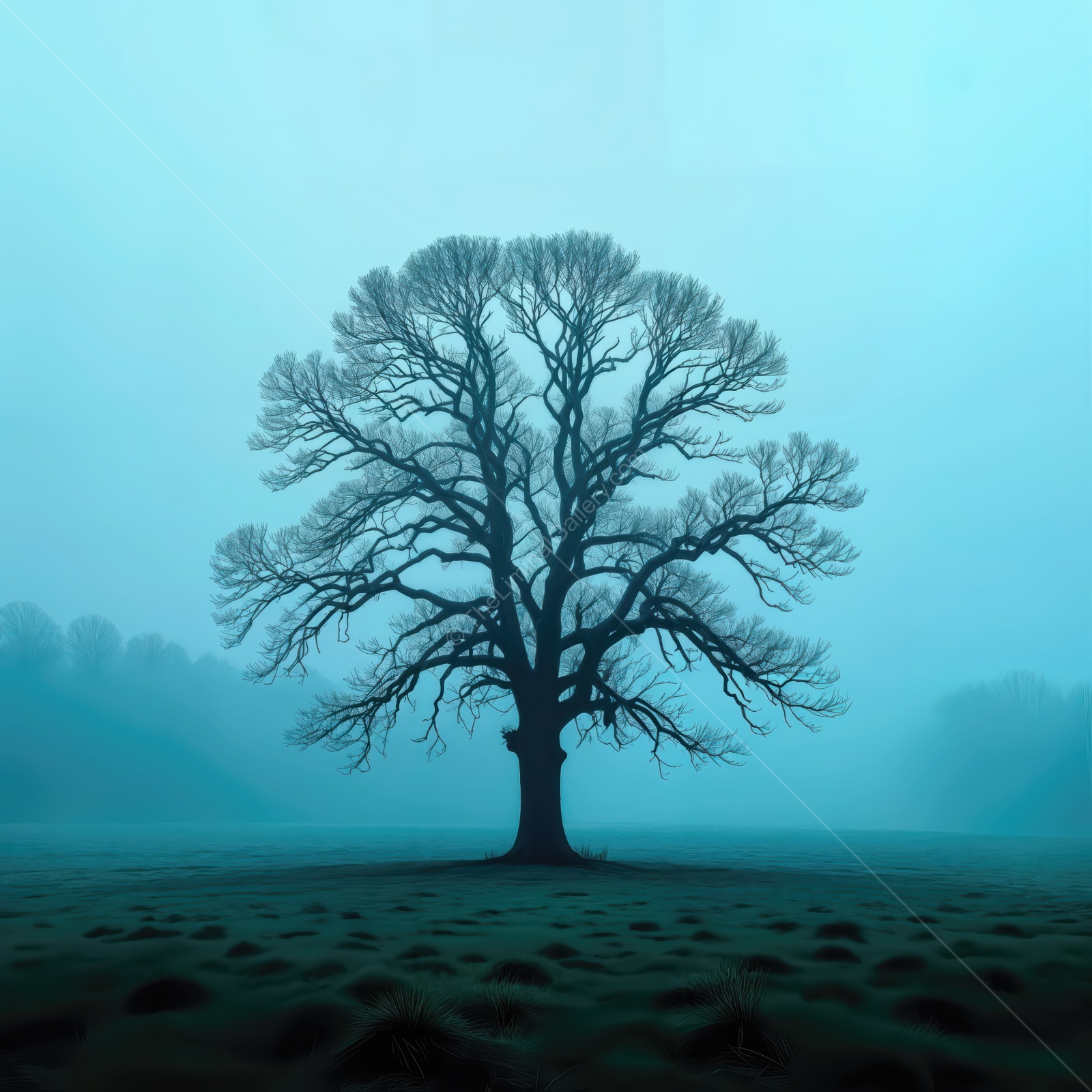 Mysterious tree stands alone in misty landscape, evoking a sense of isolation and tranquility