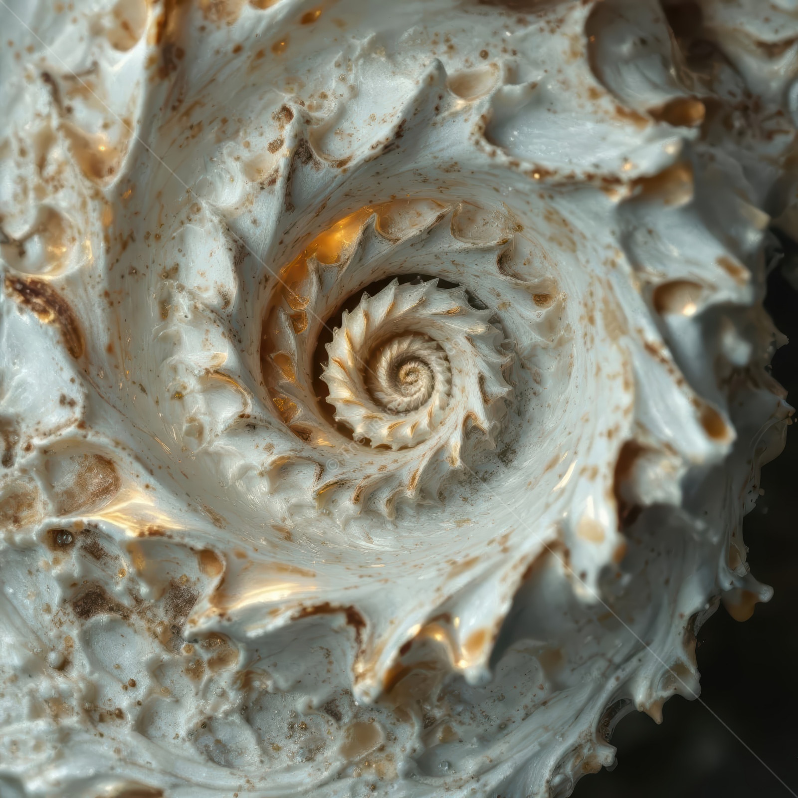 Exploring the intricate patterns of a spiraled shell found on a serene beach at twilight