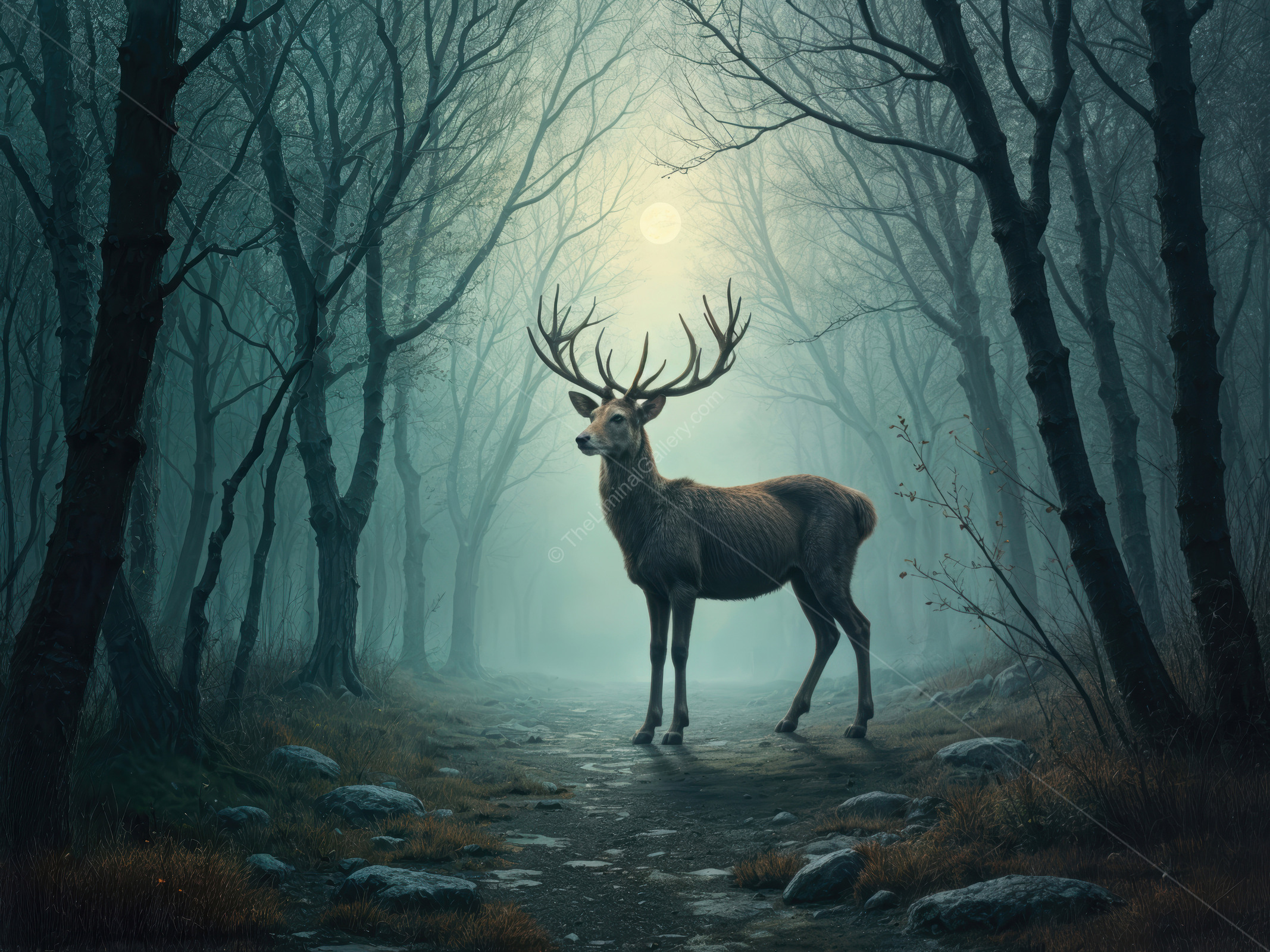 Mystical encounter with a majestic stag in an eerie, foggy forest at twilight