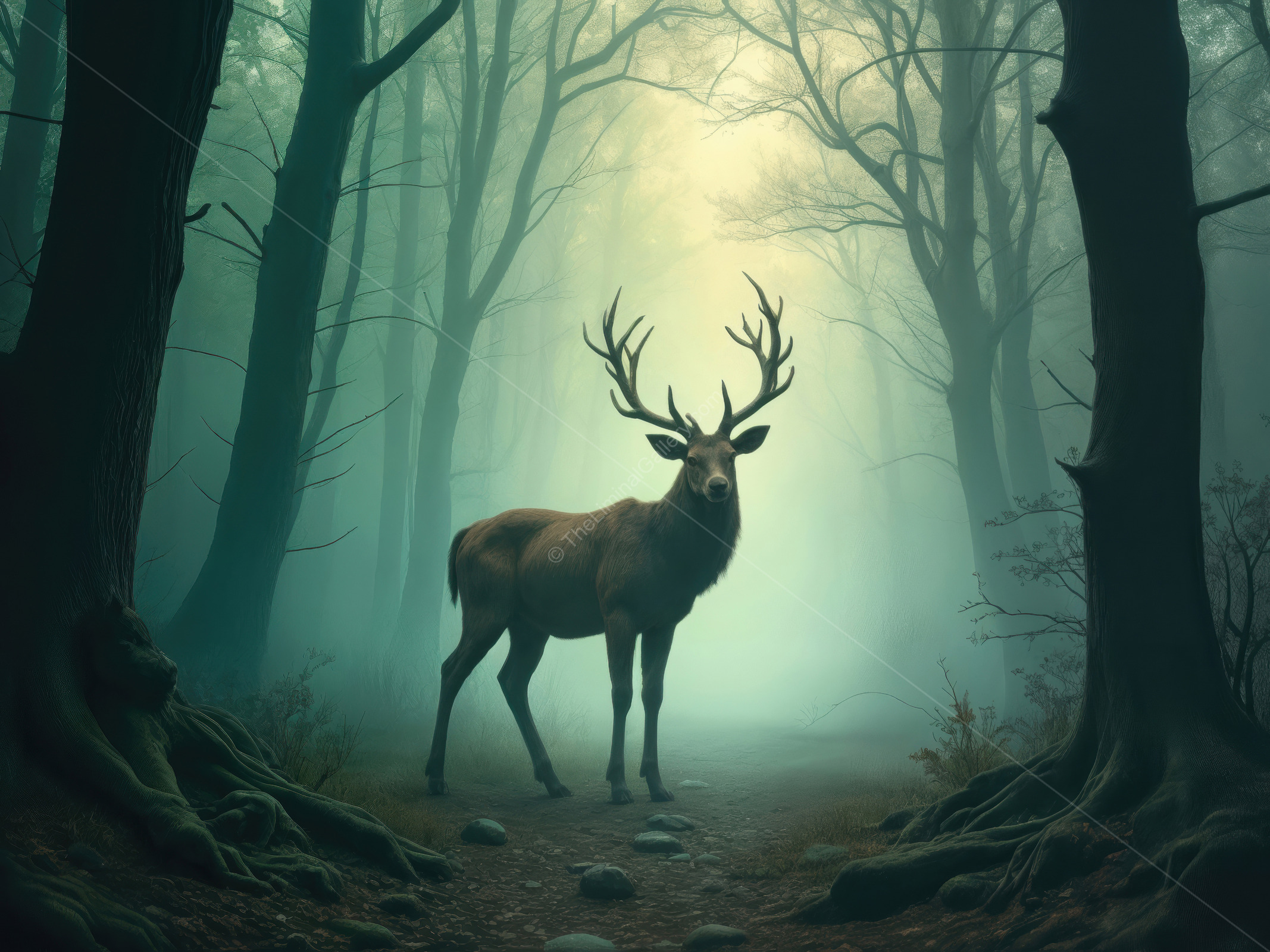 Majestic stag stands in a mysterious fog-covered forest during twilight hours