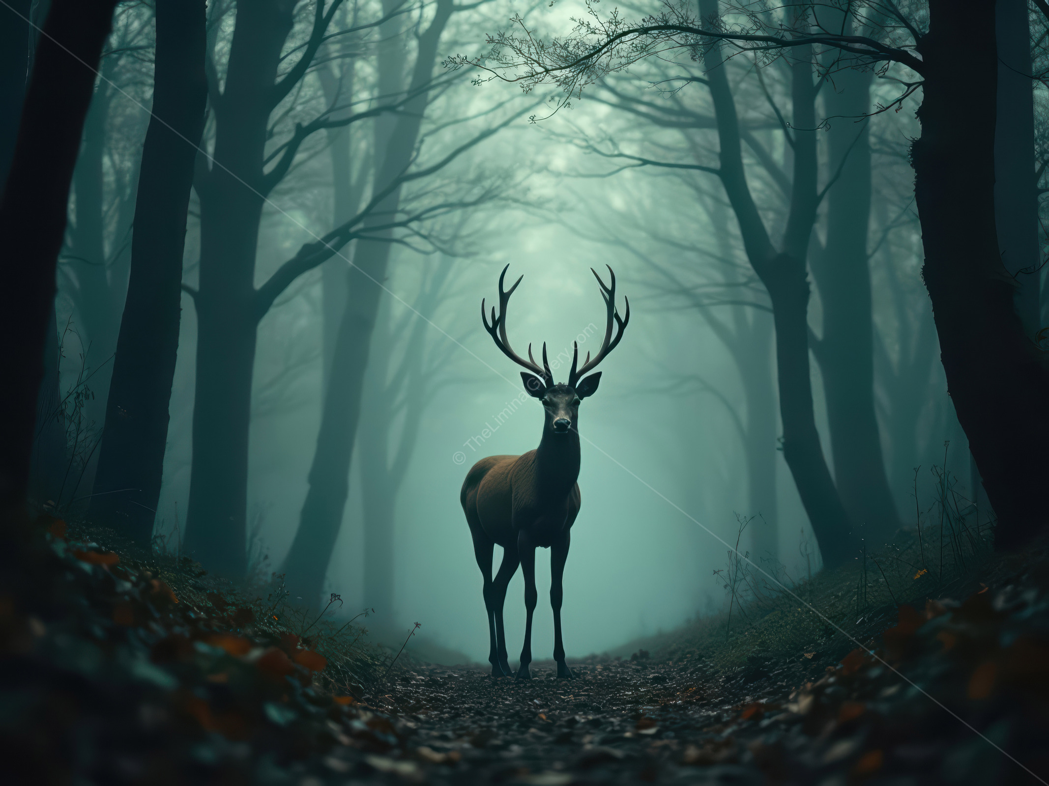 Mysterious stag standing amidst misty woods evokes a sense of wonder and tranquility during twilight hours