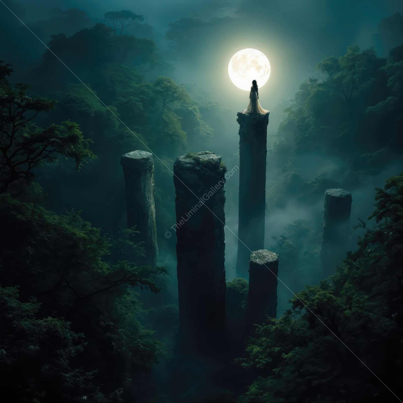 Mystical pillars rise above a foggy forest under a glowing full moon at midnight, creating an enchanting liminal atmosphere