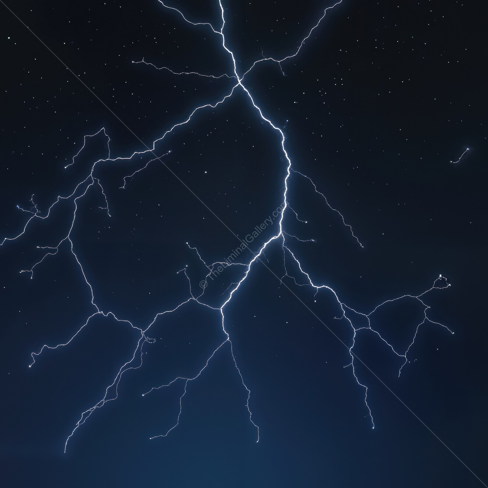 Striking display of lightning illuminates a dark night sky over a tranquil landscape