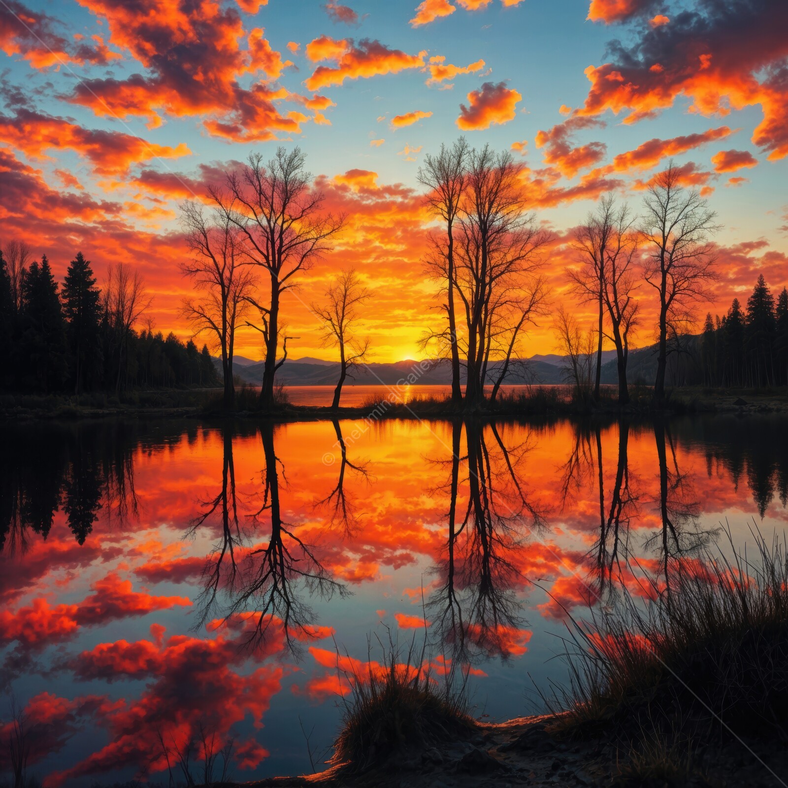 Stunning sunset reflections over a tranquil lake with silhouetted trees and vibrant clouds