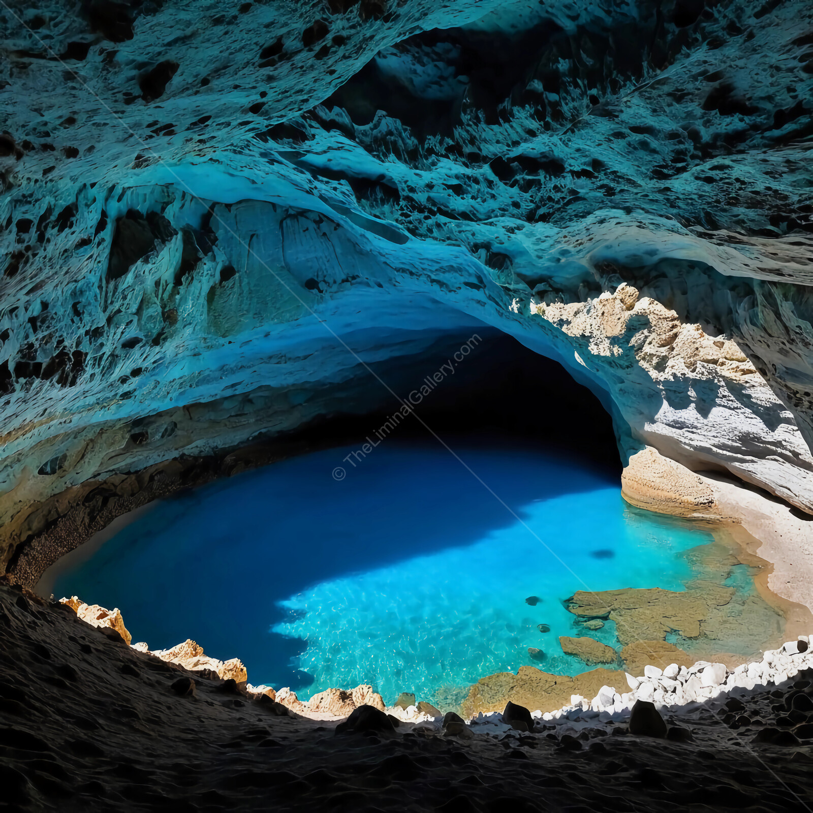 Stunning underwater cave reveals vibrant turquoise waters in a remote landscape at noon
