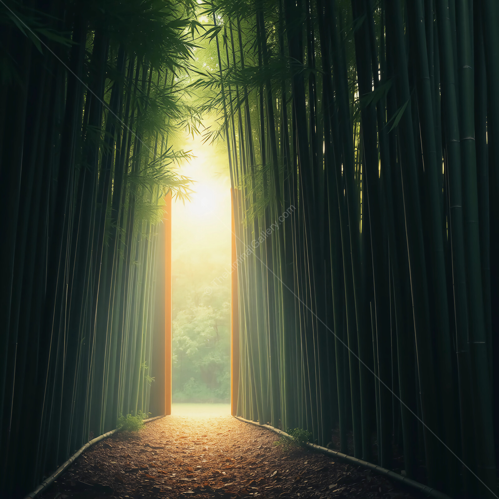 Sunlight breaks through a mystical liminal bamboo grove creating an enchanted pathway