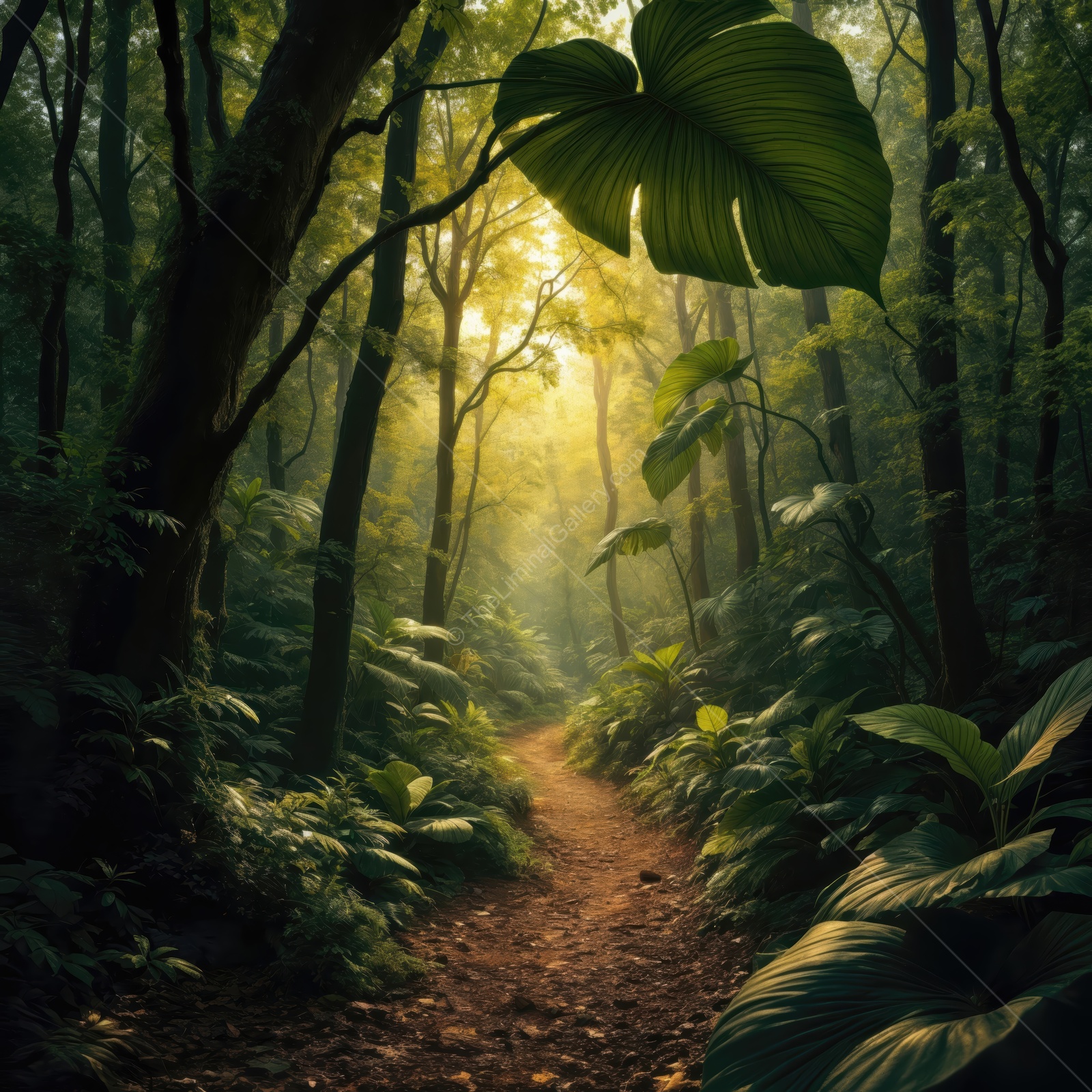 Enchanted forest path illuminated by sunlight filtering through lush green foliage in a serene natural setting