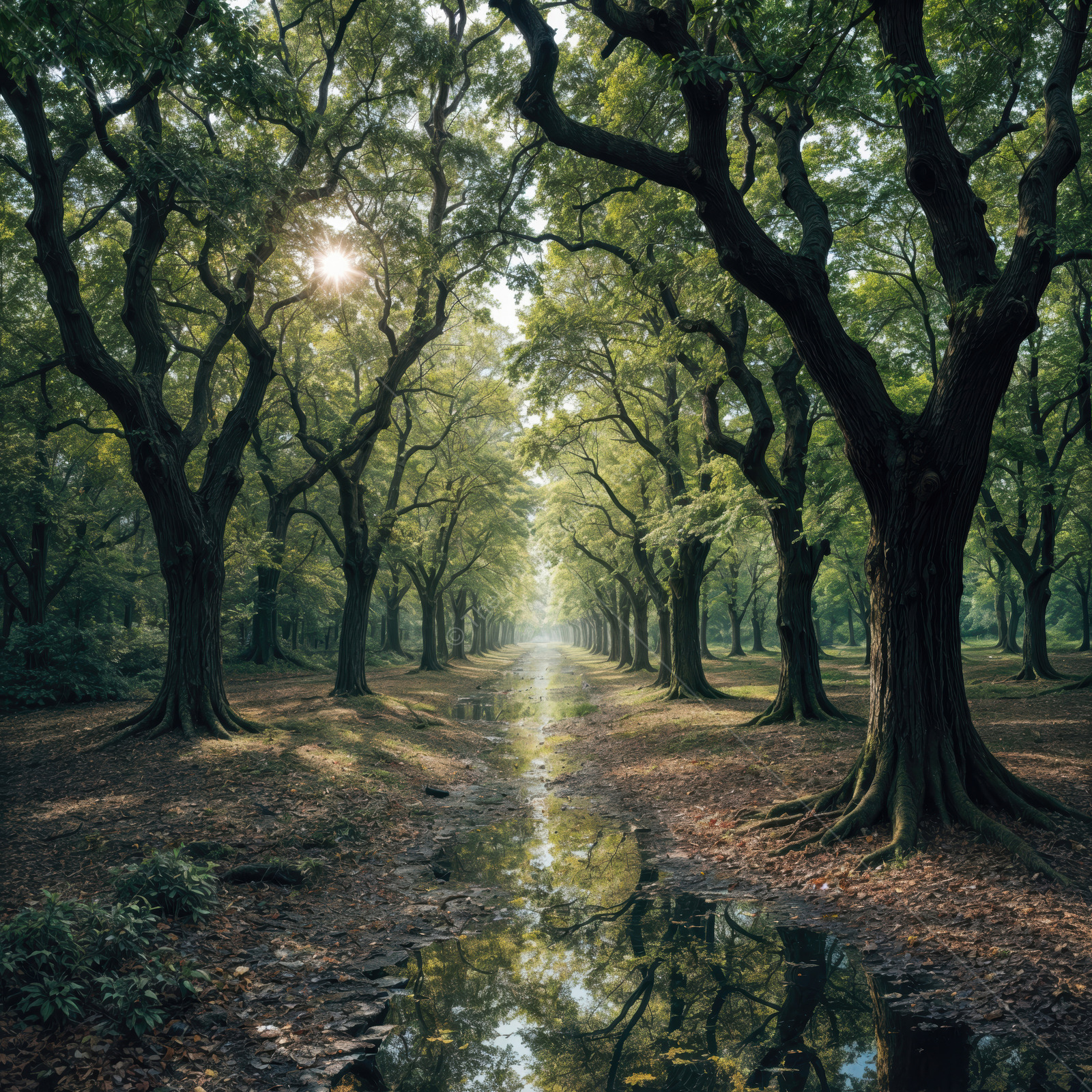 Captivating serenity of a sunlit pathway through a lush green forest alive with whispers of nature
