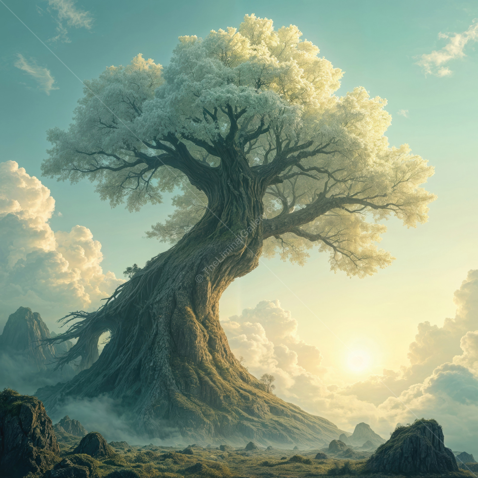 Majestic old tree stands alone in ethereal landscape at sunrise with soft clouds surrounding it