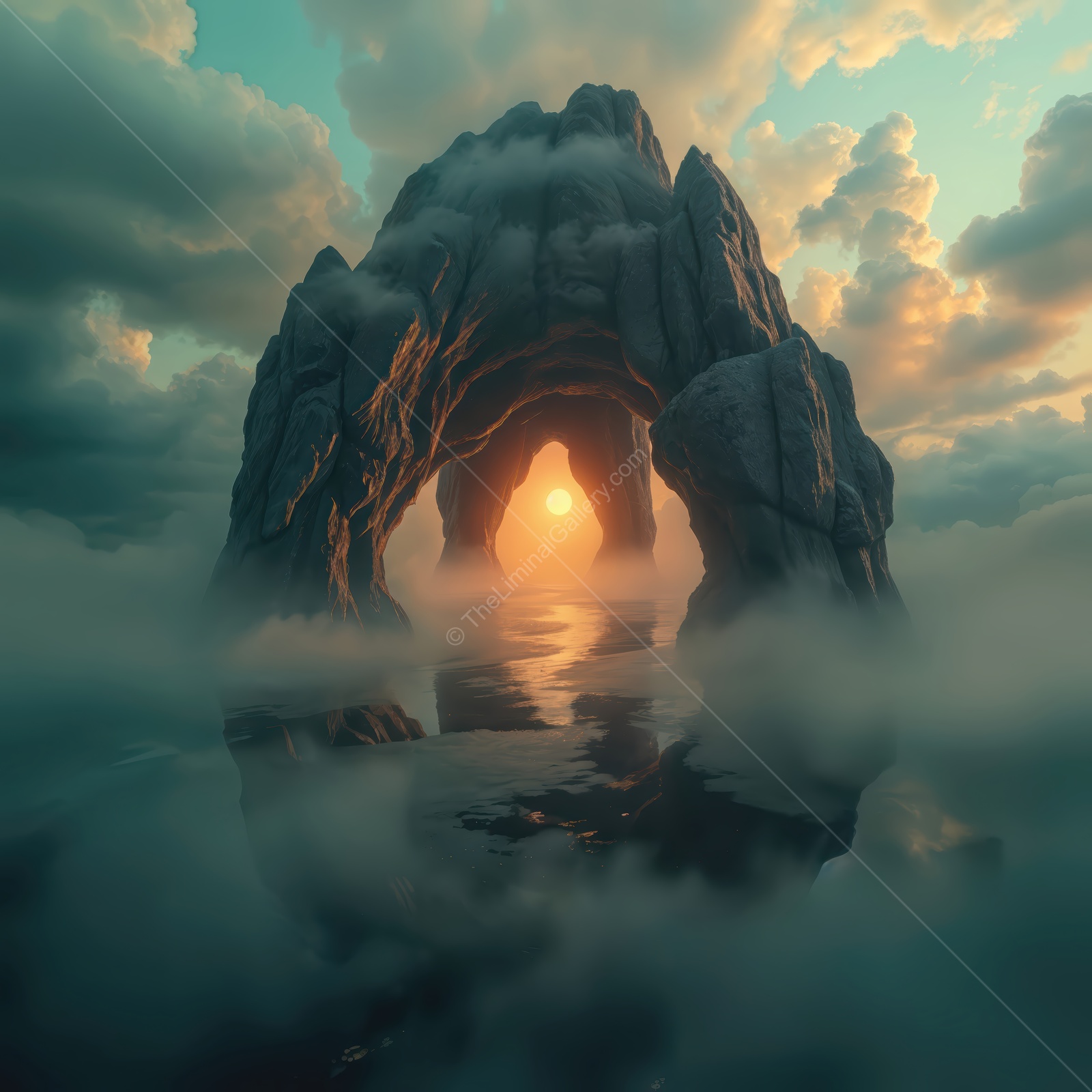 Sunset archway reveals tranquil waters and fluffy clouds in a dreamlike nature liminal space