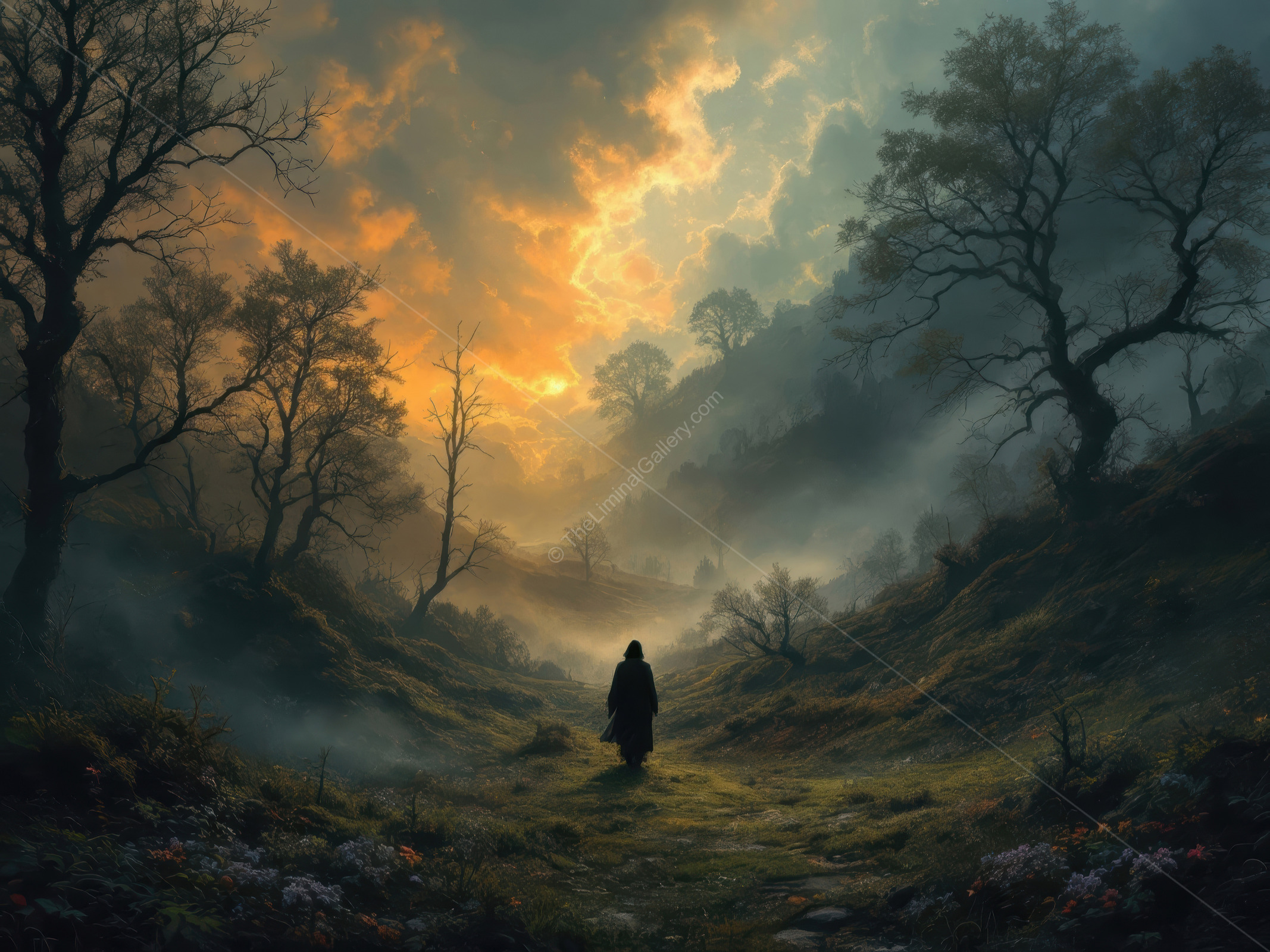 Mysterious traveler walks through a liminal forest at twilight, surrounded by mist and fading light