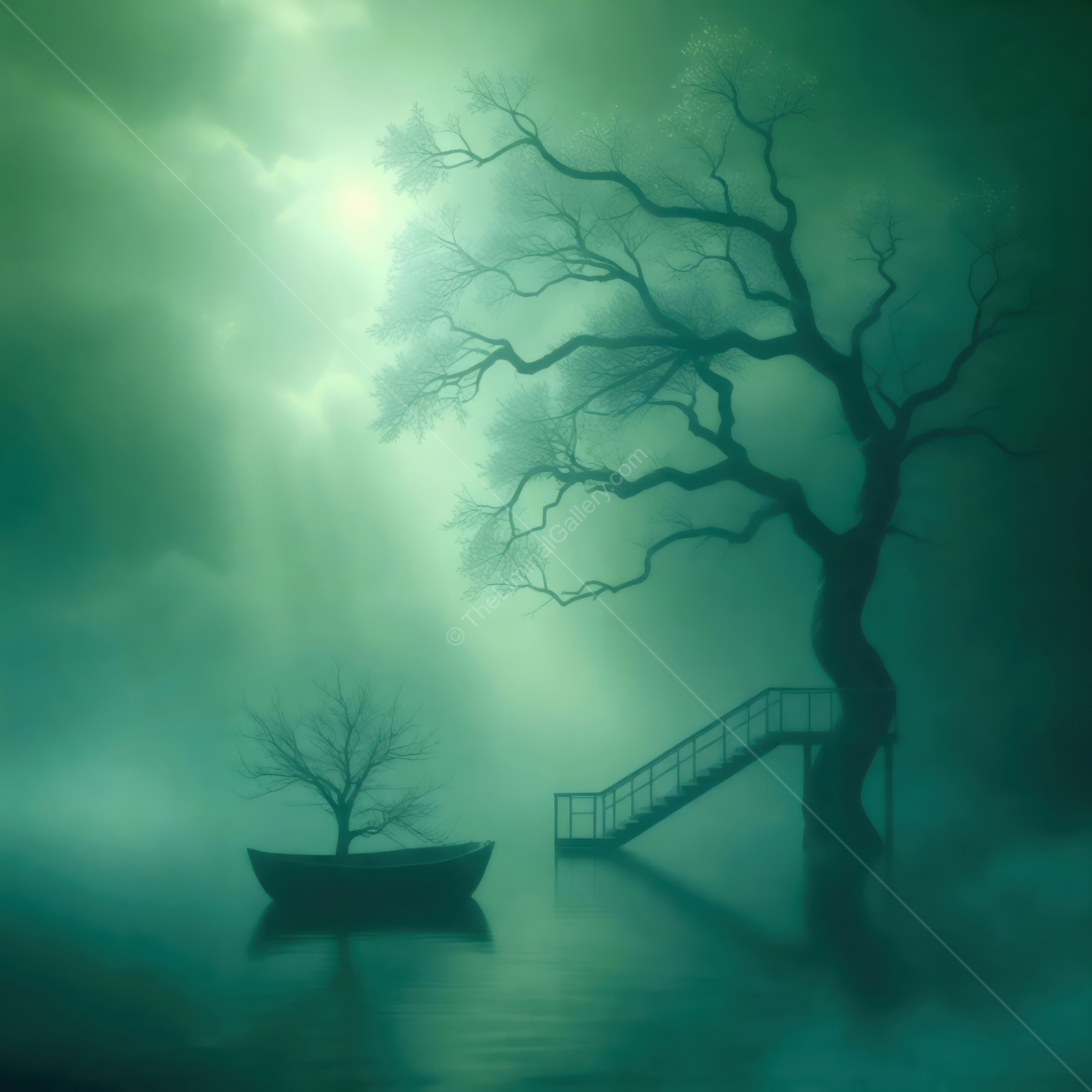 Ethereal reflections of an isolated tree and a boat in a misty, dreamlike landscape during twilight hours