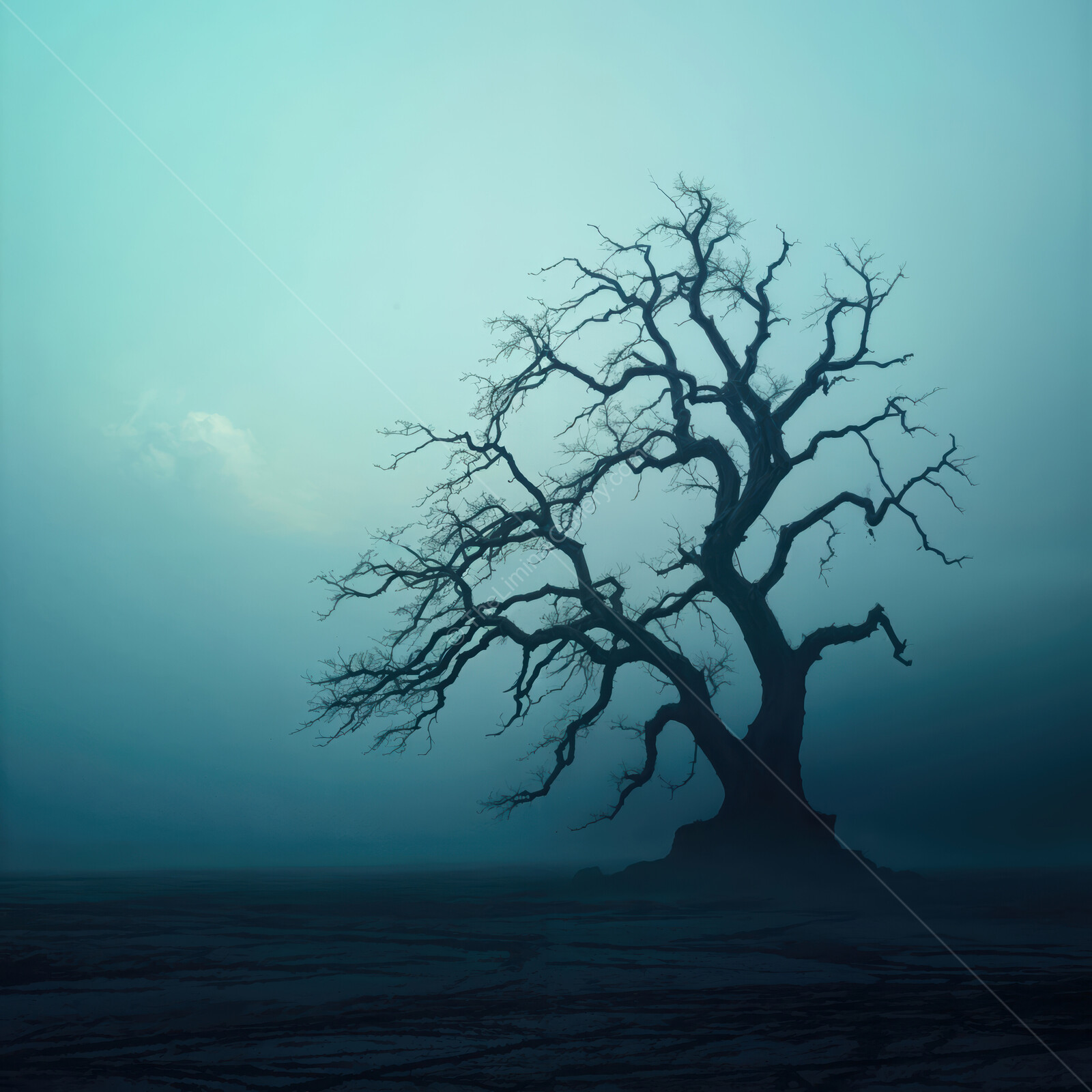 Mysterious tree stands alone in foggy landscape under soft blue light