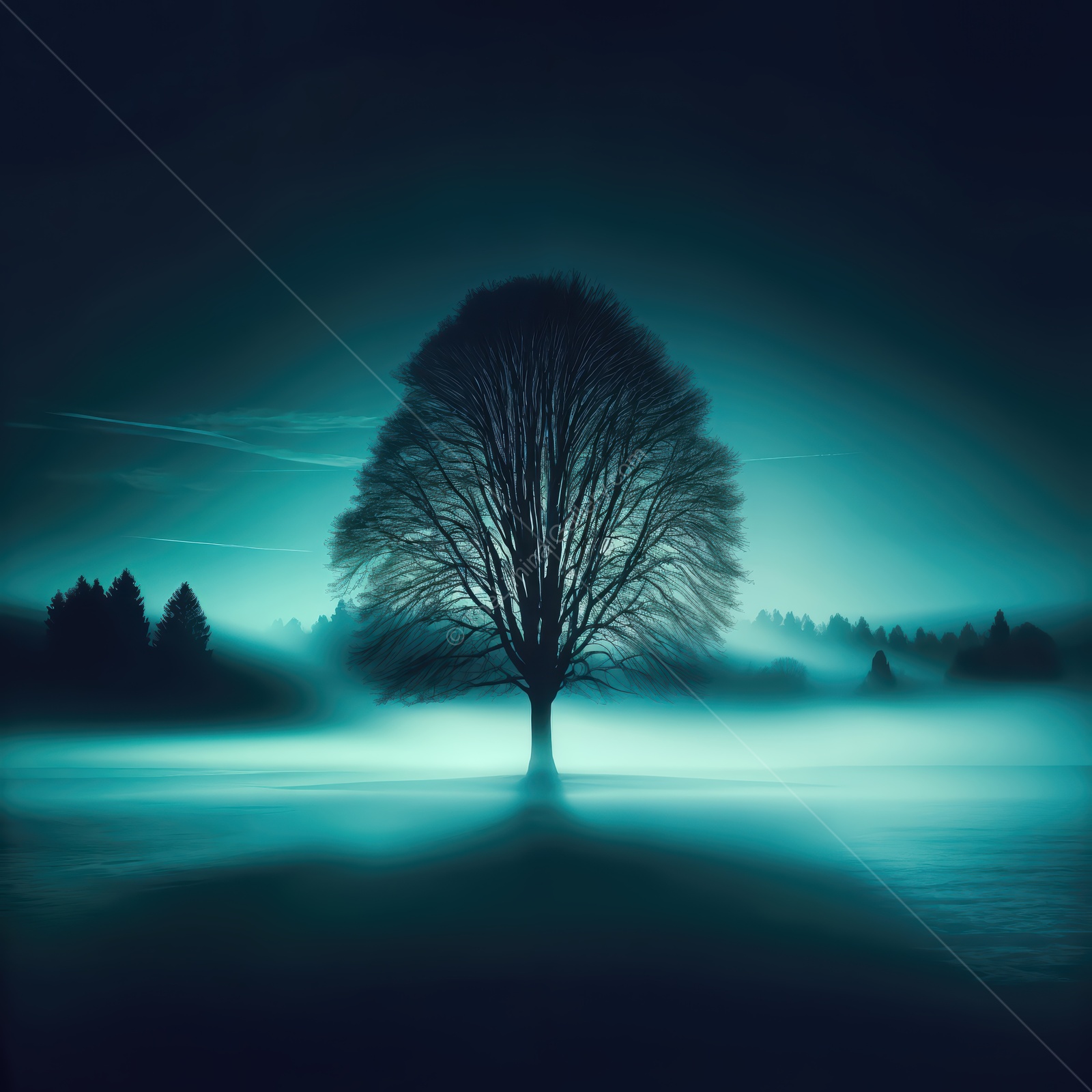 Mysterious tree shrouded in mist stands alone in a serene twilight landscape surrounded by shadowy silhouettes of distant trees