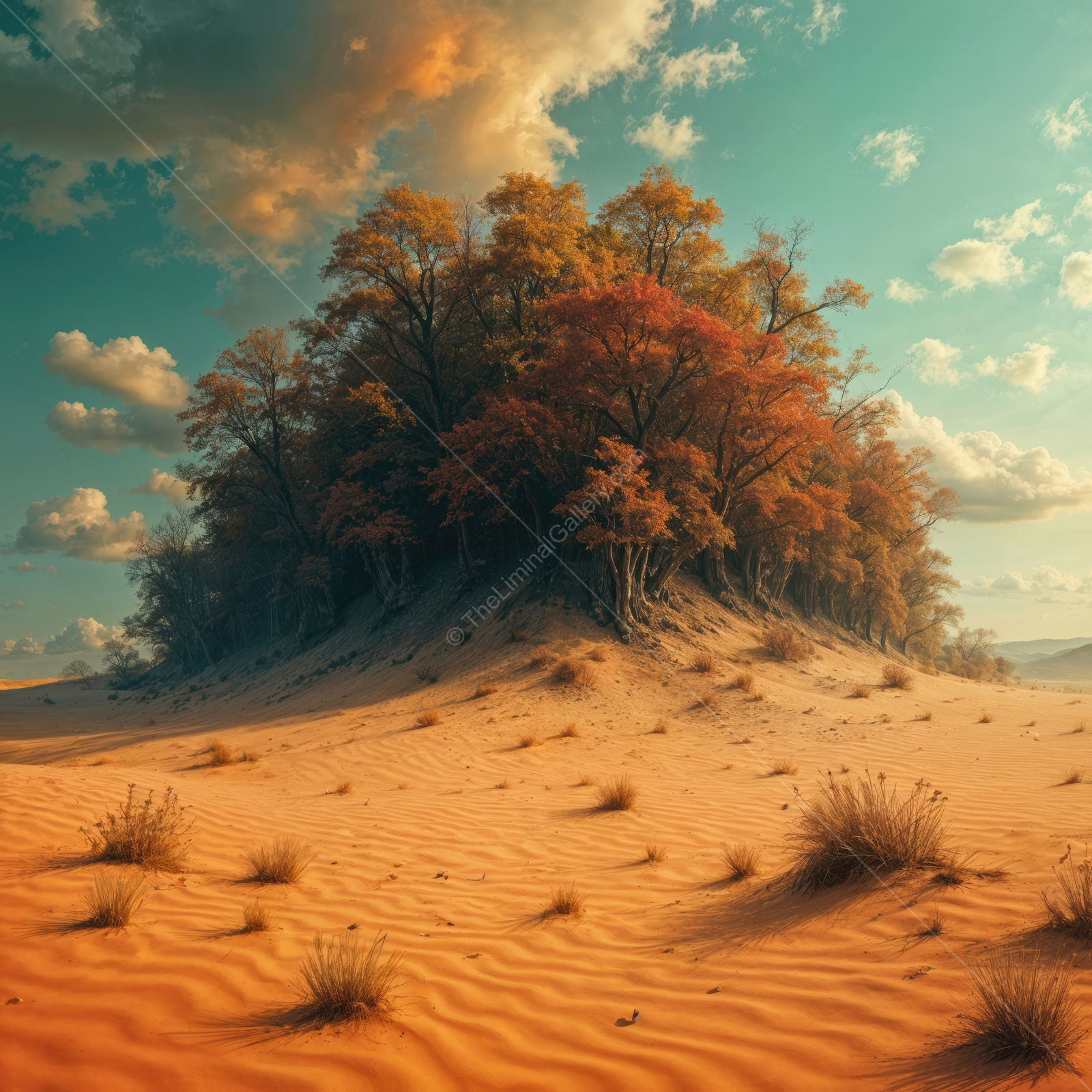 Exploring the surreal harmony of trees and sand under a vast, colorful sky at dusk