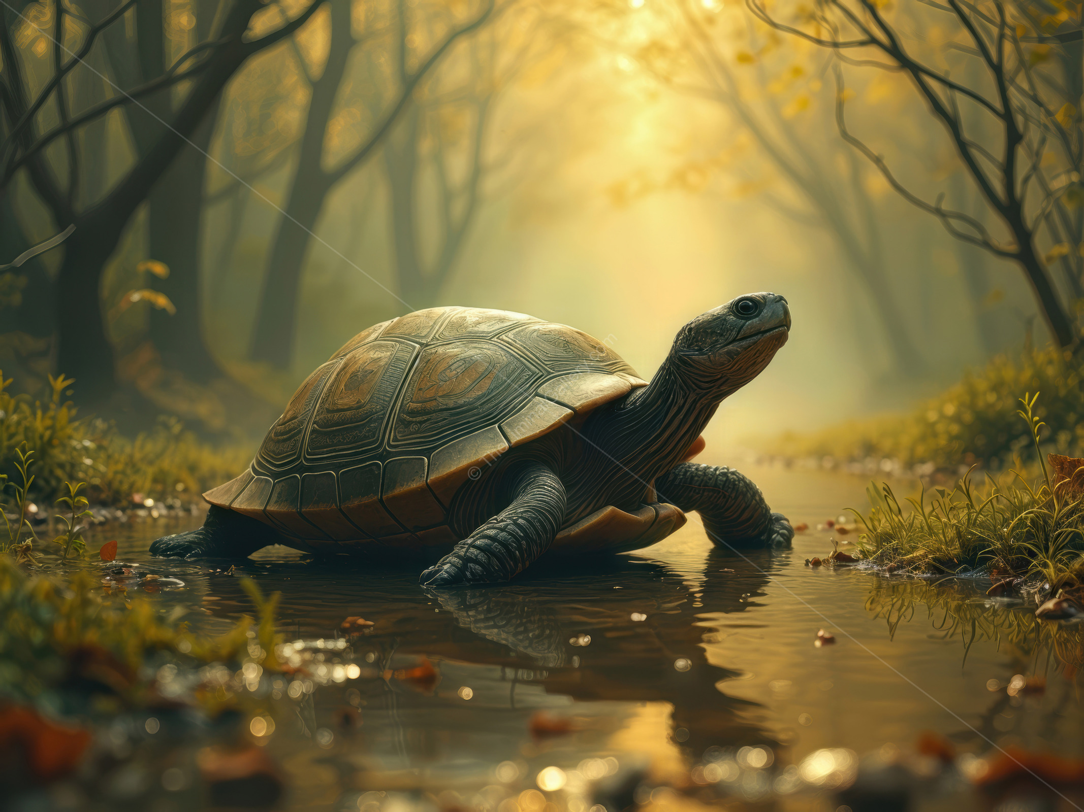 Exploring tranquility in a misty forest stream with a turtle at dawn
