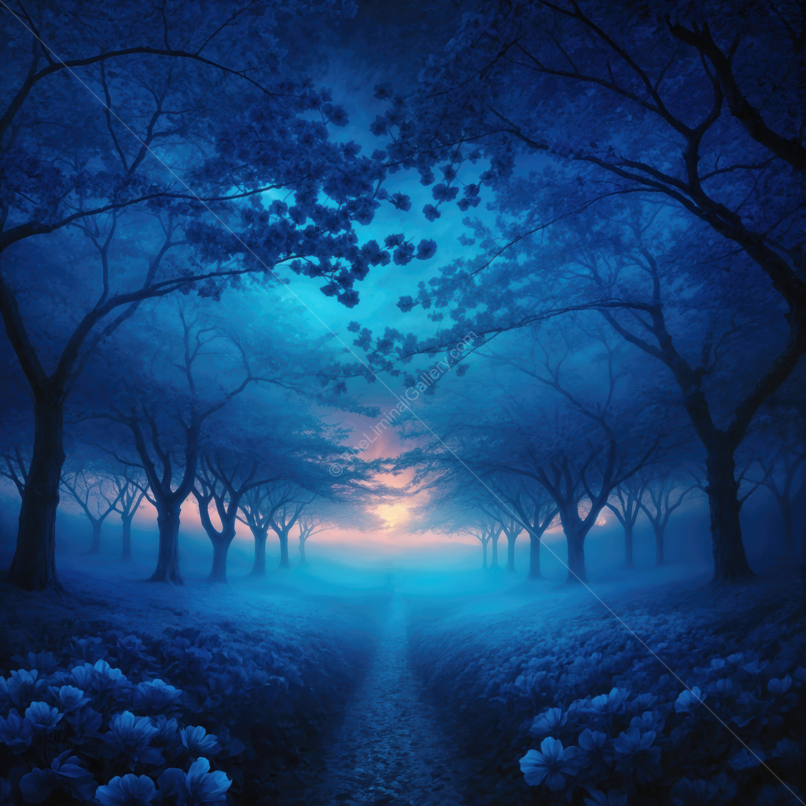 Mystical twilight envelops a serene pathway through a blue forest under the haze of dawn