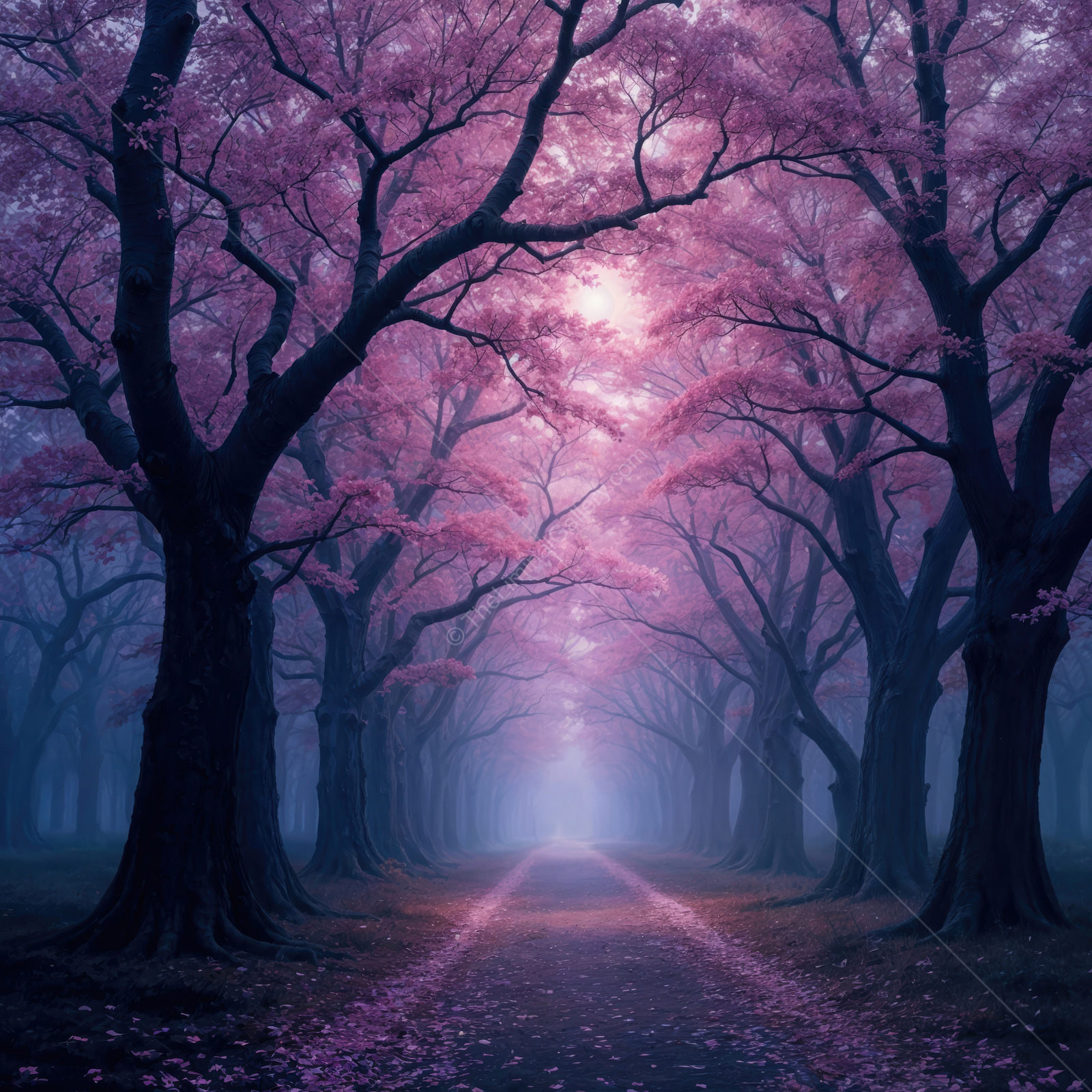 Enchanted walk through a twilight forest with glowing cherry blossom trees