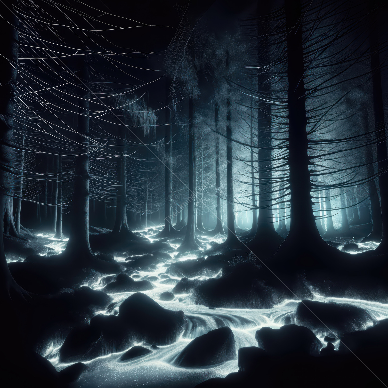 Mysterious twilight forest with glowing stream and dark silhouettes of trees