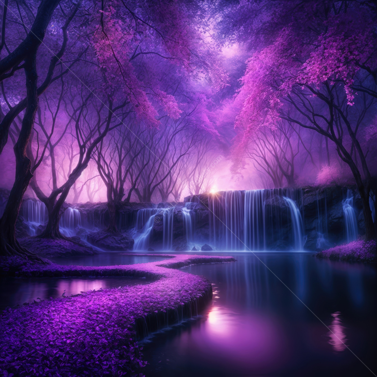 Vibrant twilight enchantment in a mystical forest with cascading waterfalls