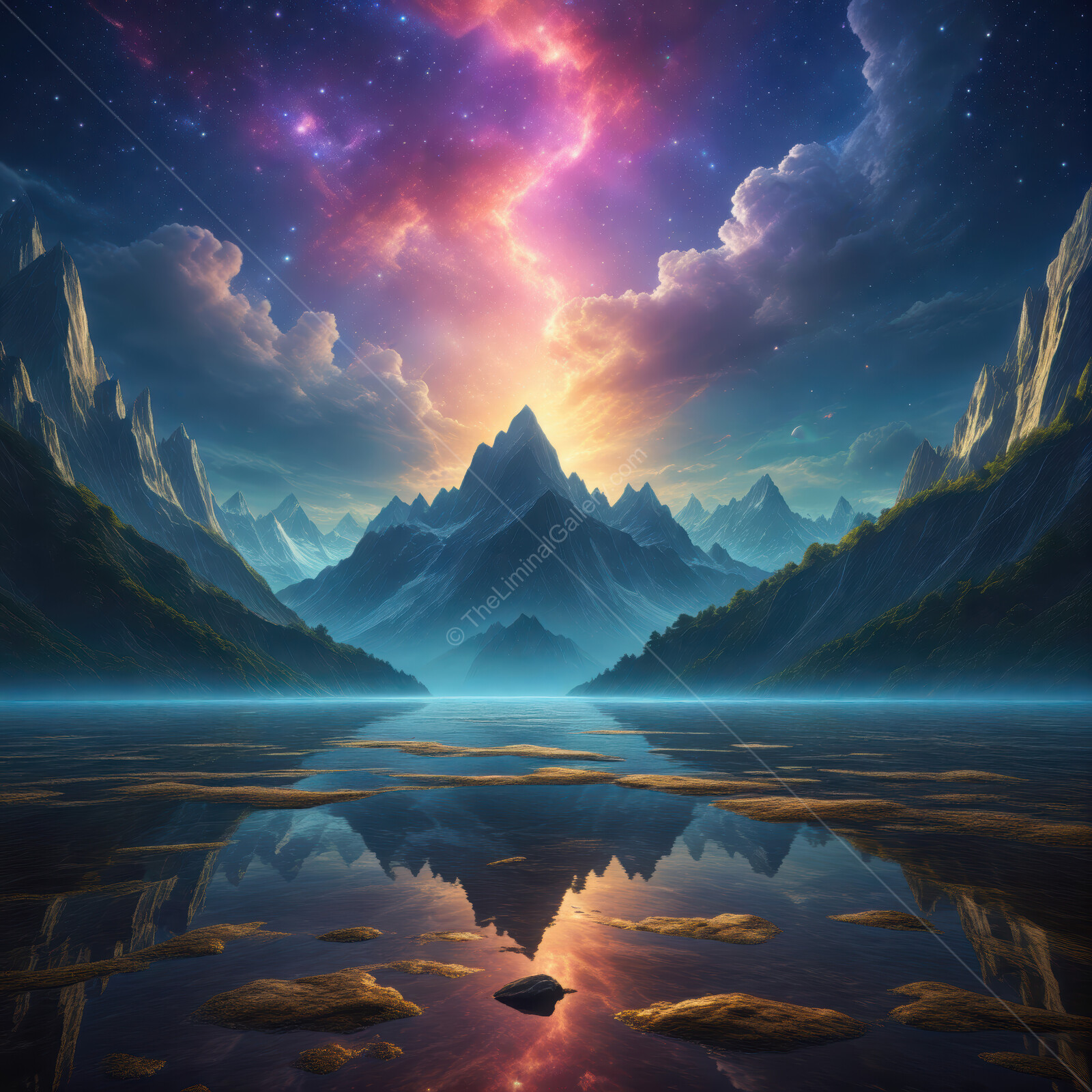 Serenity of twilight in a magical mountain landscape with radiant skies over a tranquil lake