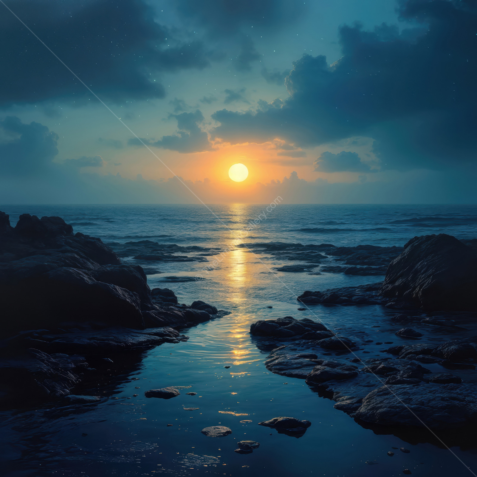 Mesmerizing twilight glow over liminal ocean waters and rocky shores