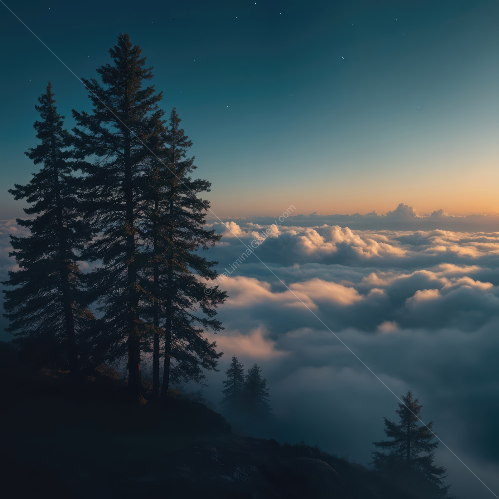 Liminal twilight above misty clouds, where towering pines embrace the last light of day