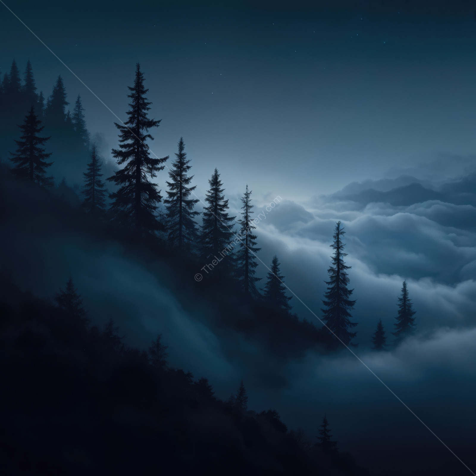 Eerie tranquility of mist-shrouded pine trees at twilight in a liminal forest landscape