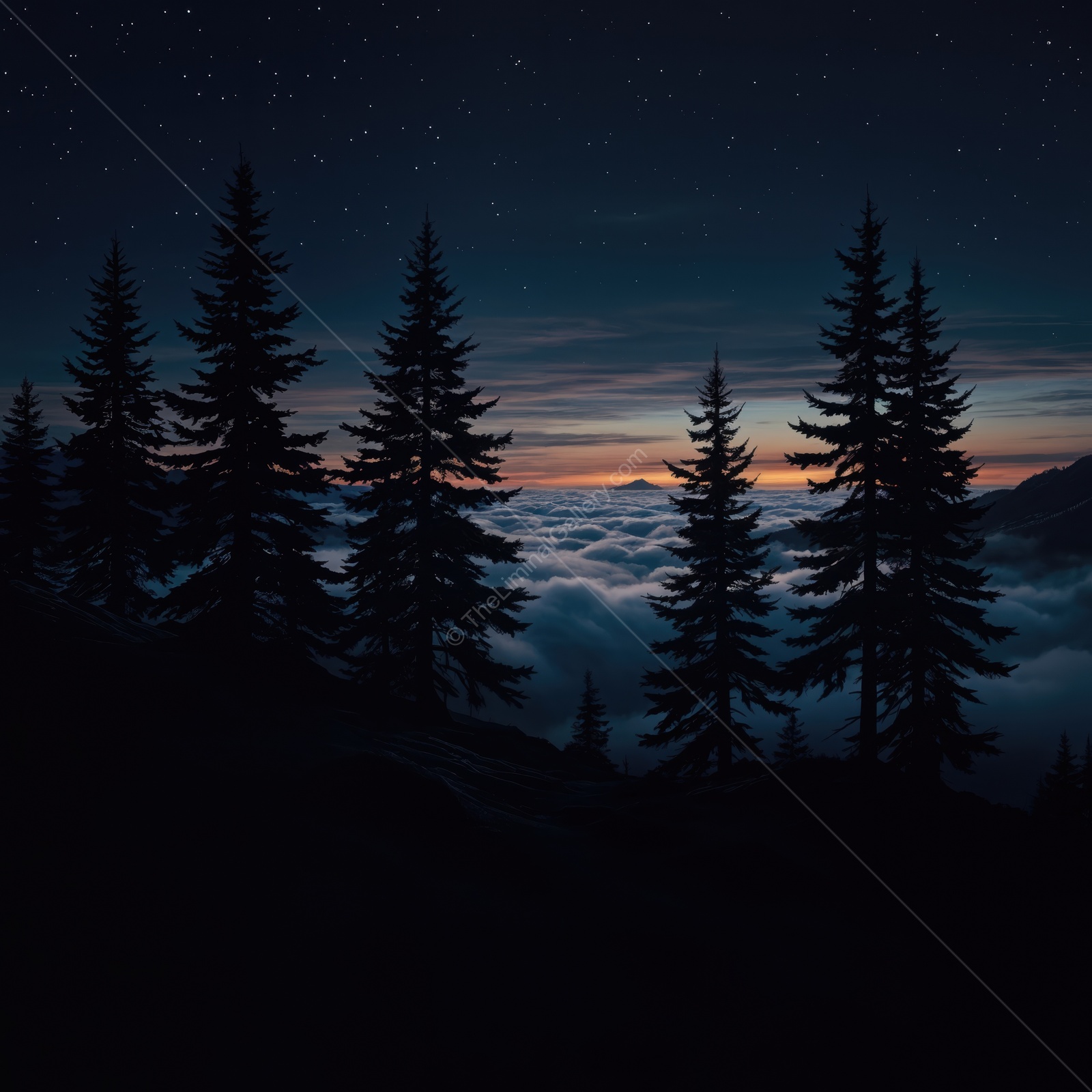 Mist hangs low among towering pines as twilight gently drapes the landscape below