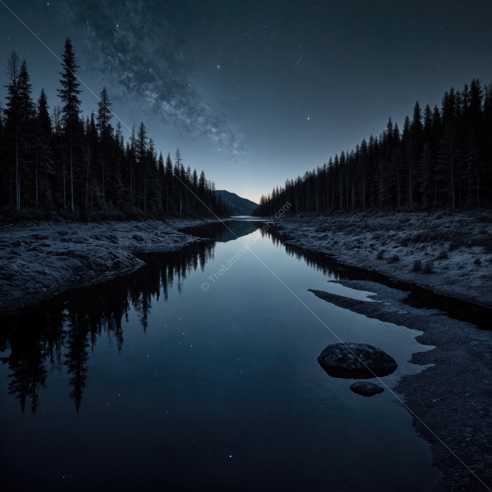 Reflections of twilight in a tranquil mountain river at nightfall with silhouetted trees