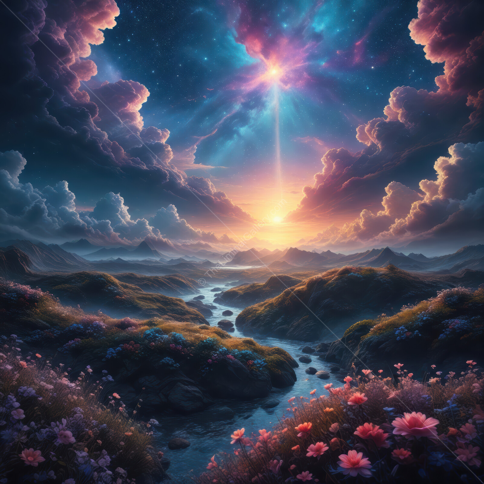 Luminous twilight over a serene valley filled with flowers and distant mountains