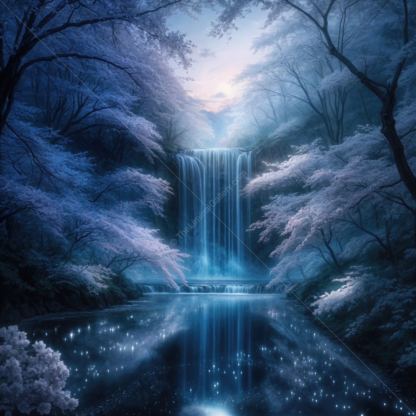 Enchanting twilight waterfall cascading through ethereal blossoms in a tranquil dreamlike landscape