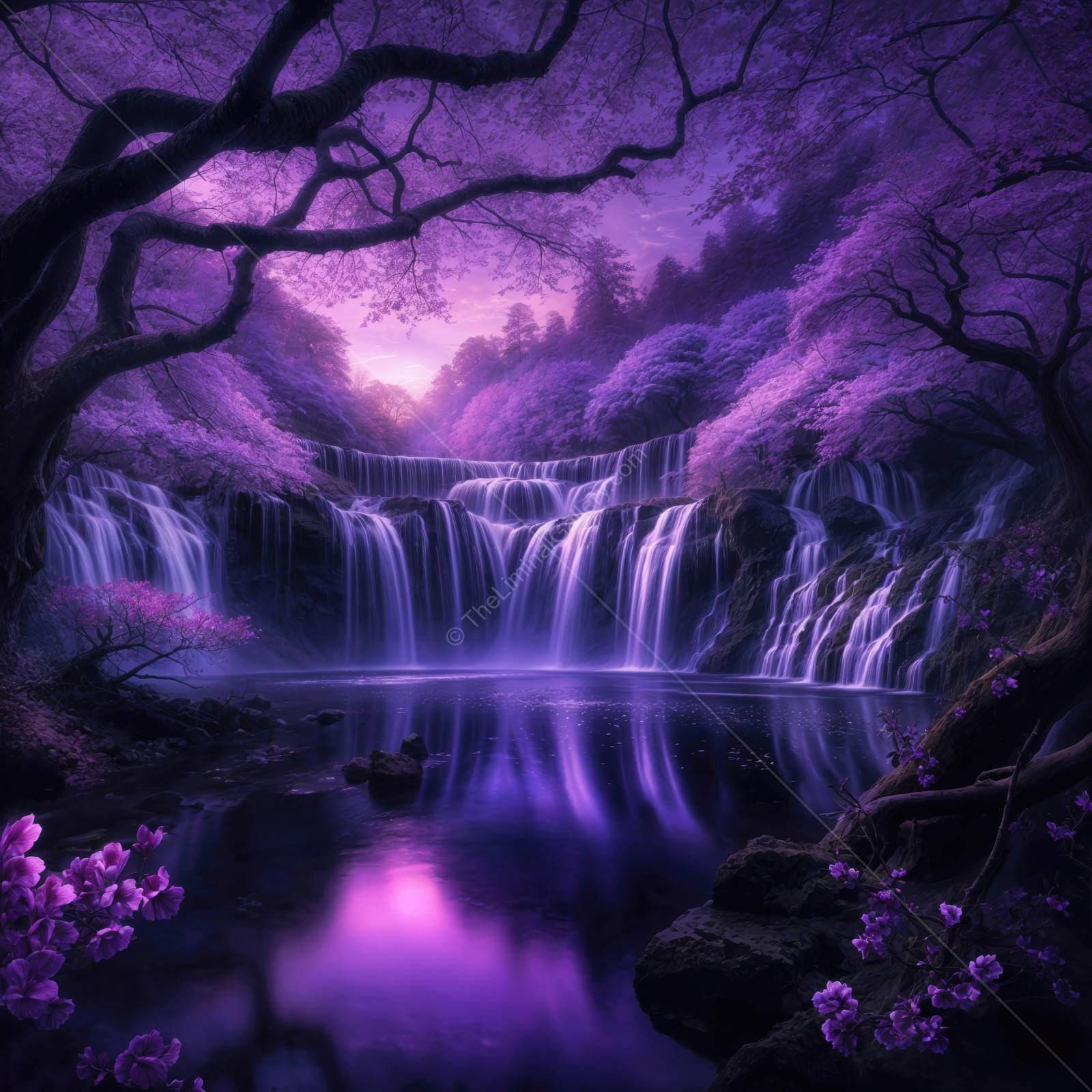 Captivating liminal twilight where waterfalls cascade in violet hues among ethereal blossoms and tranquil reflections