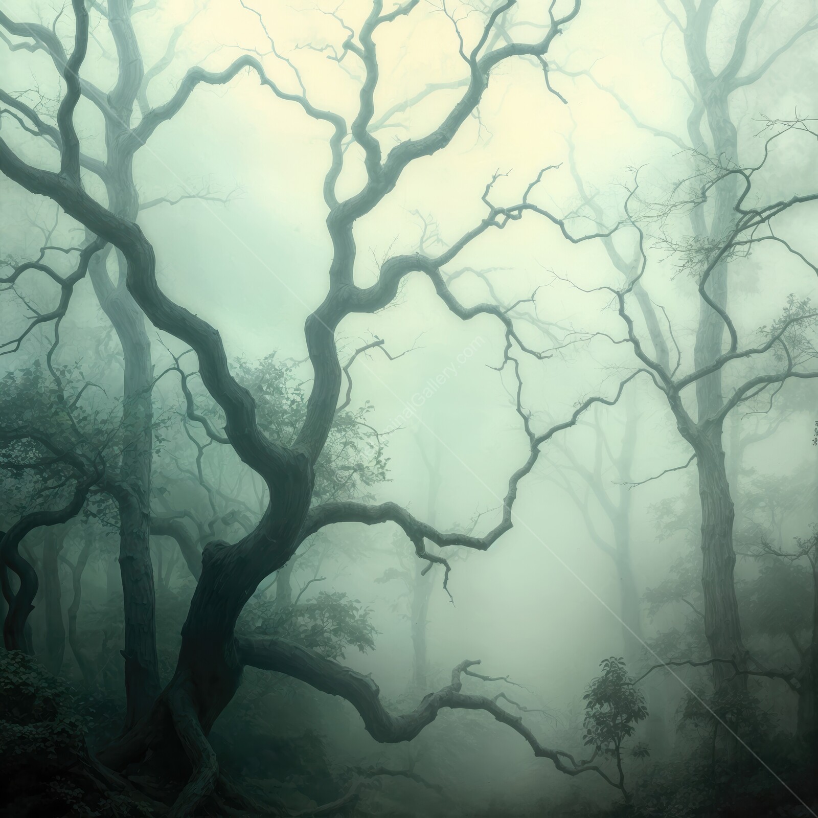 Twisted branches reach toward the misty sky in an eerie woodland landscape at dawn