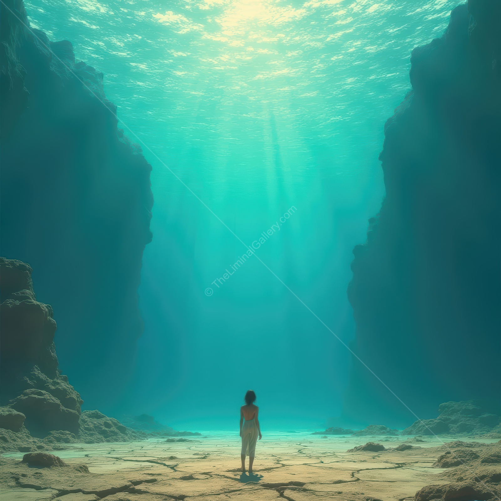 Exploring the depths of a serene underwater landscape evoking a sense of liminality and tranquility