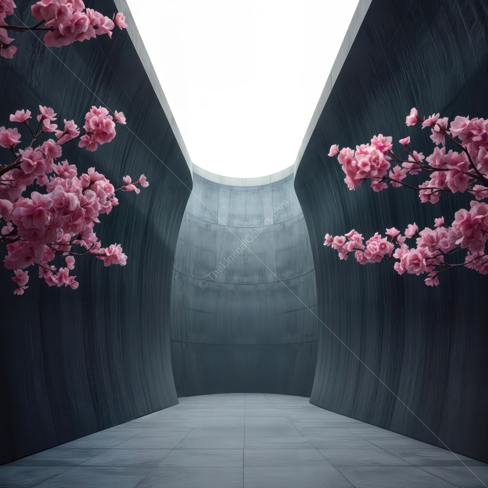 Whispers of spring in a tranquil urban sanctuary with cherry blossoms and concrete walls