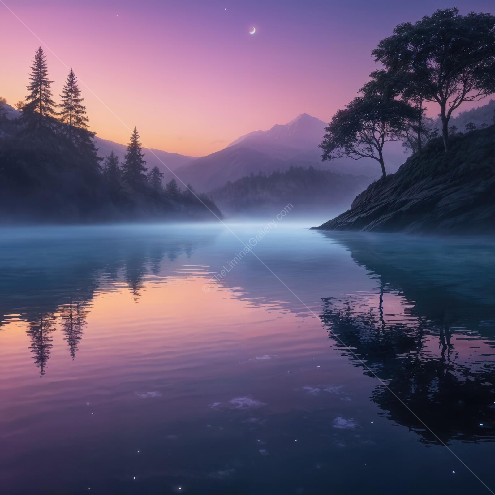 Vibrant liminal dusk illuminates calm waters and serene mountains in tranquil nature setting