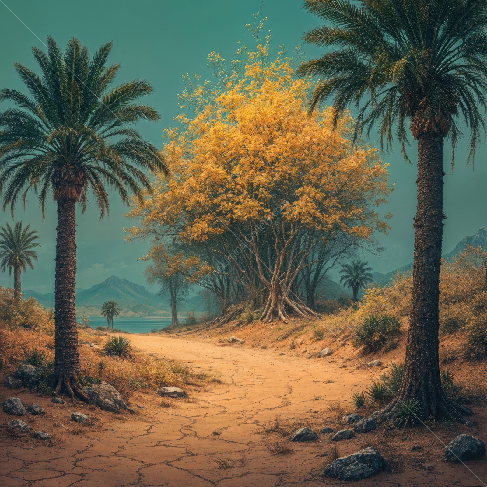 Whispers of a liminal realm where vibrant trees meet arid paths under a tranquil sky